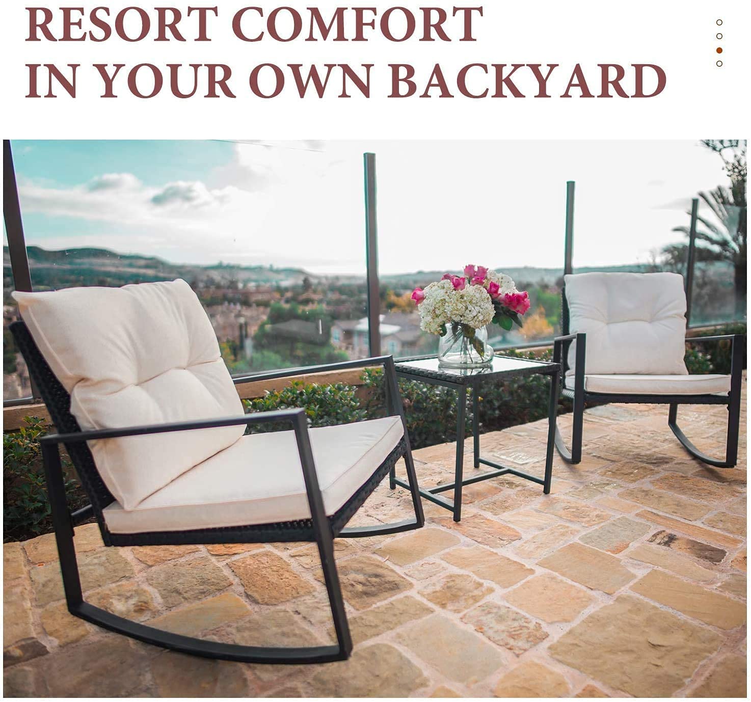 SUNCROWN 3-Piece Outdoor Rocking Chair Set - Patio Wicker Rattan Bistro Set with Cushions & Glass Coffee Table - Beige Conversation Furniture for Garden, Porch, Backyard Relaxation
