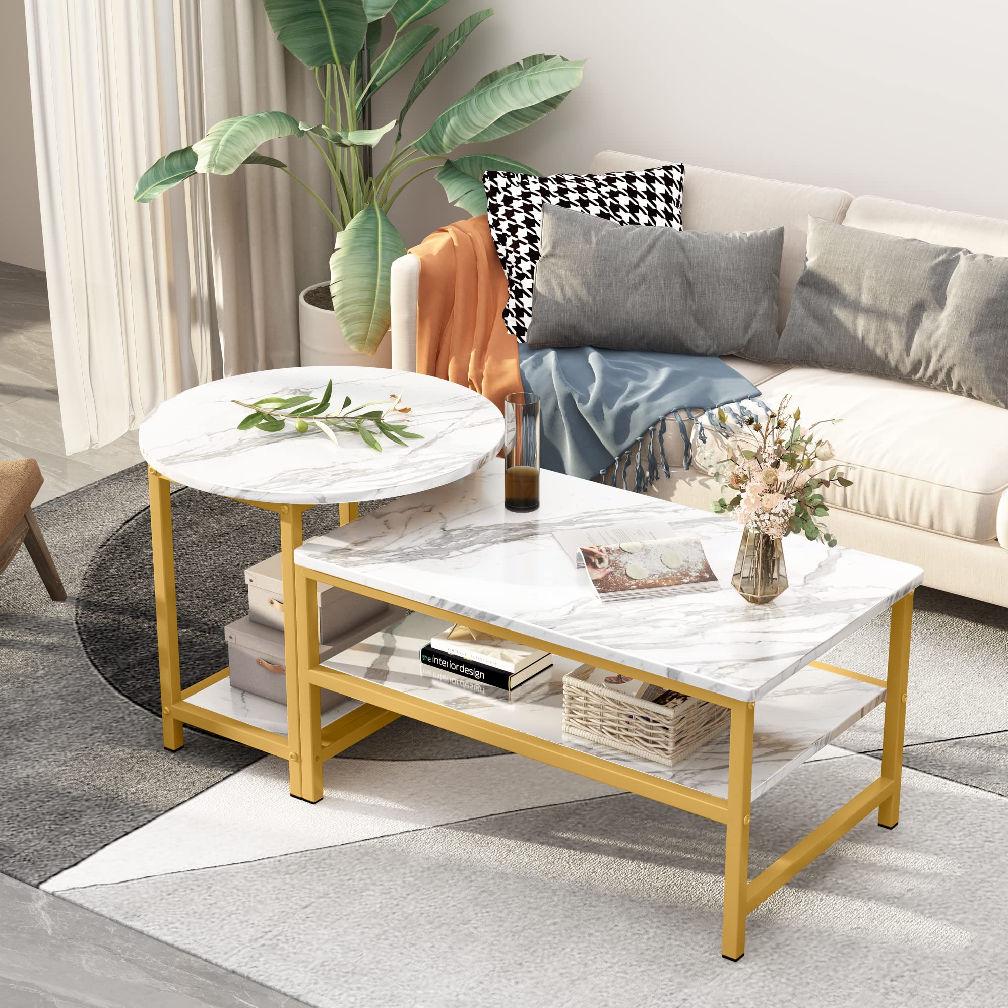 AWQM Nesting Coffee Table Set of 2 - Modern Rectangular & Round Side Tables with Open Storage & Adjustable Shelf - White Living Room & Bedroom Furniture for Small Spaces, Apartments, and Home Decor