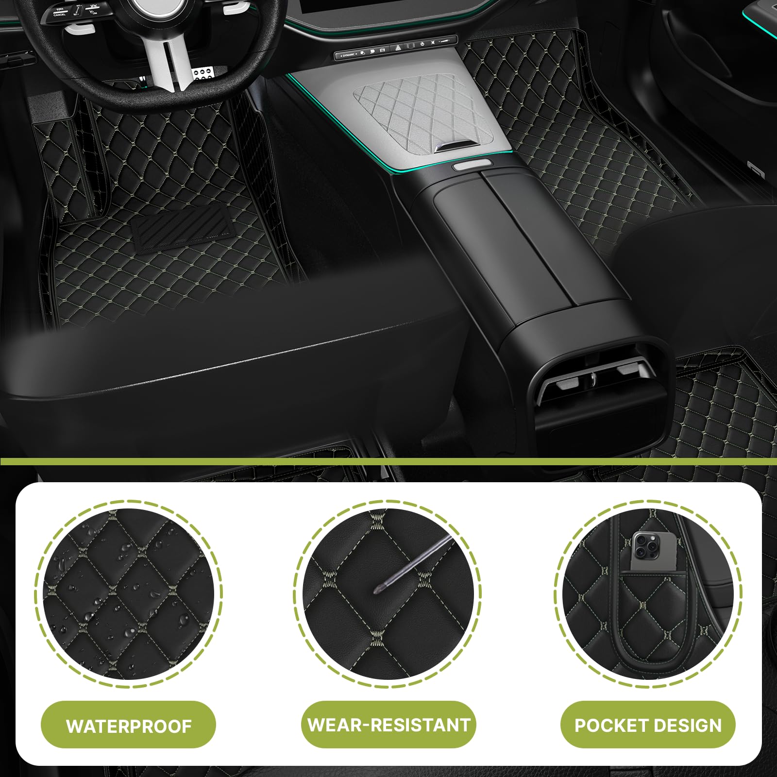 Custom Fit All-Weather Non-Slip Leather Car Floor Mats for Audi A6 2001-2022 (Black/Beige) - Perfect for Daily Commuting, Road Trips & Winter Protection