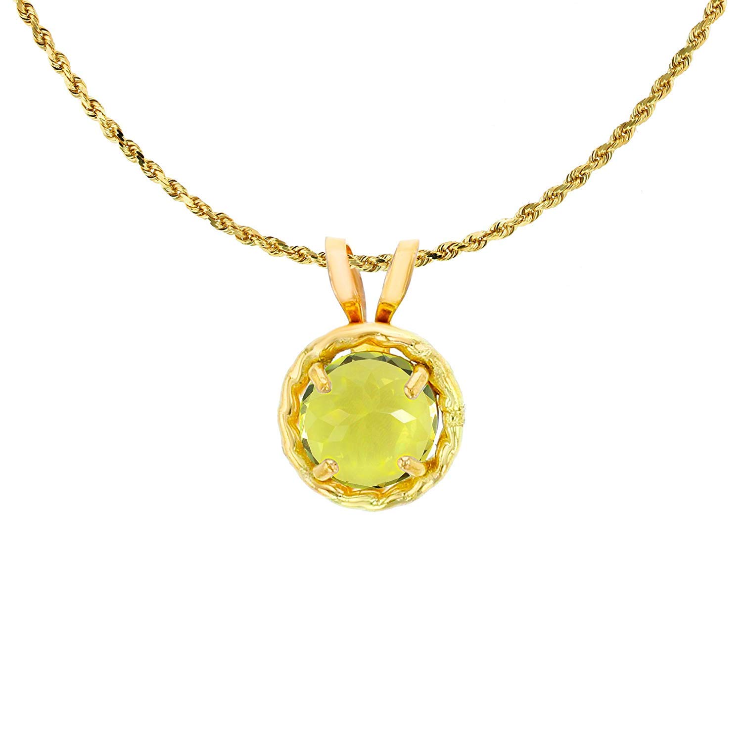 14K Yellow Gold 5mm Round Genuine/Created Birthstone Rabbit Ear Pendant with Rope Frame on 18
