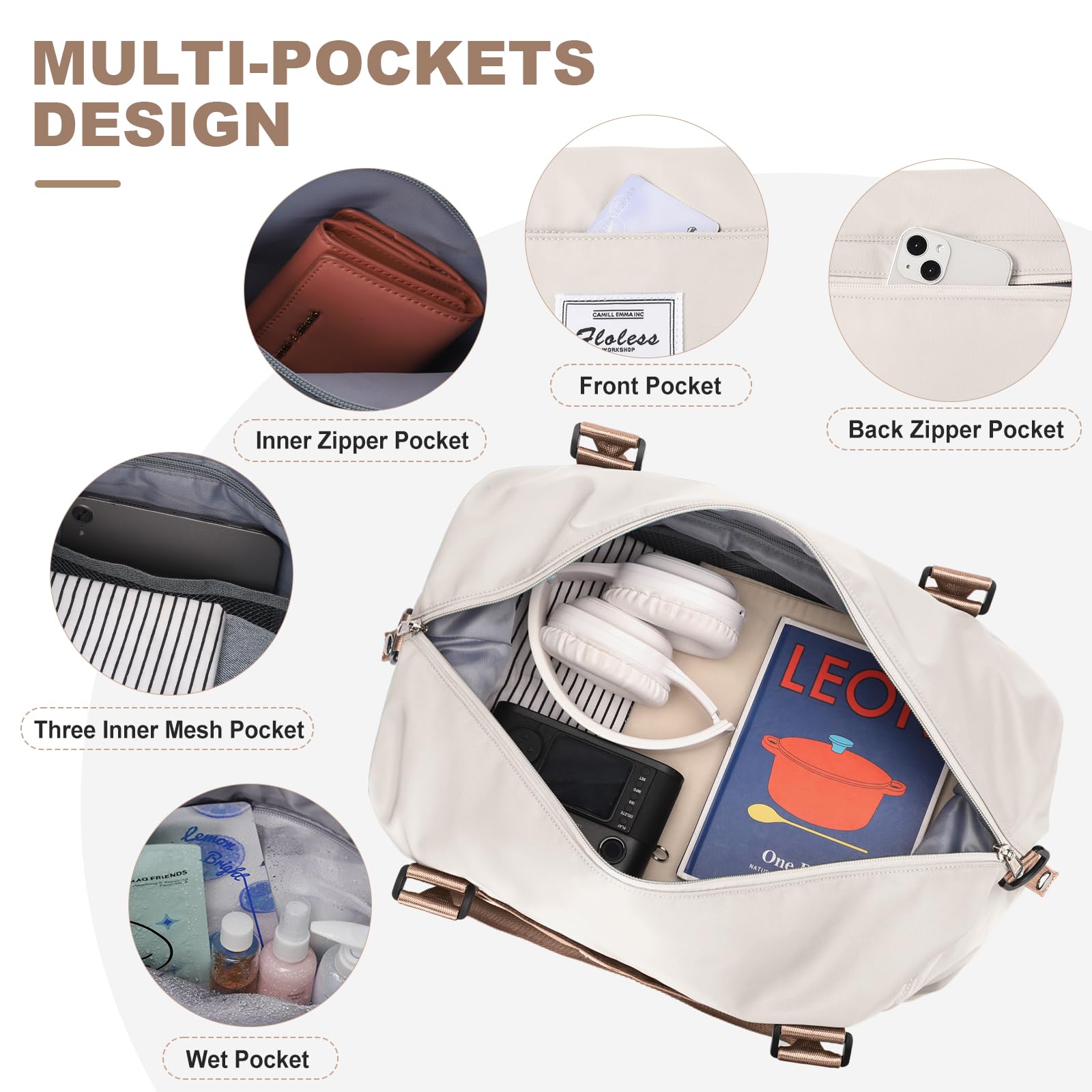 Women's Extra Large Travel Duffel Bag with Toiletry Bag & Wet Pocket - Waterproof Weekender Overnight Bag, Gym Bag, Carry-on Luggage for Travel, Workout, Camping - Beige & Brown