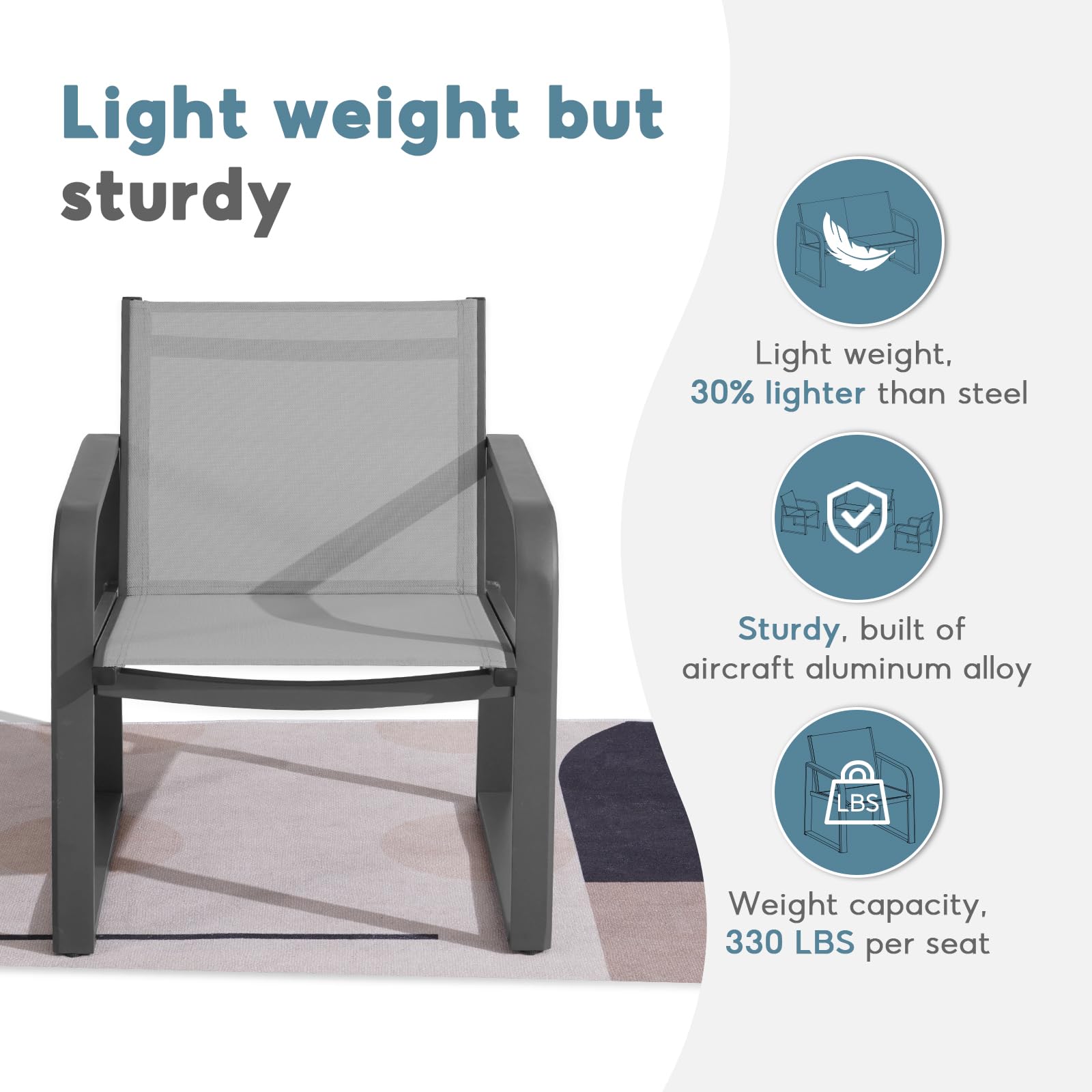 4-Piece Aluminum Outdoor Patio Conversation Set with Breathable Textilene - Loveseat, Table & Chairs for Yard, Balcony, Garden (Grey) - Perfect for Backyard Relaxation & Outdoor Entertaining