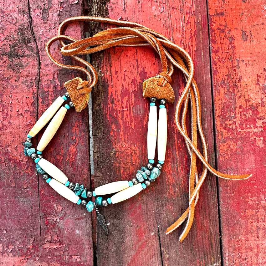 Vintage Hairpipe Bead Turquoise & Leather Choker Necklace - Handmade Boho Jewelry for Women - Perfect for Festivals, Concerts & Boho Fashion