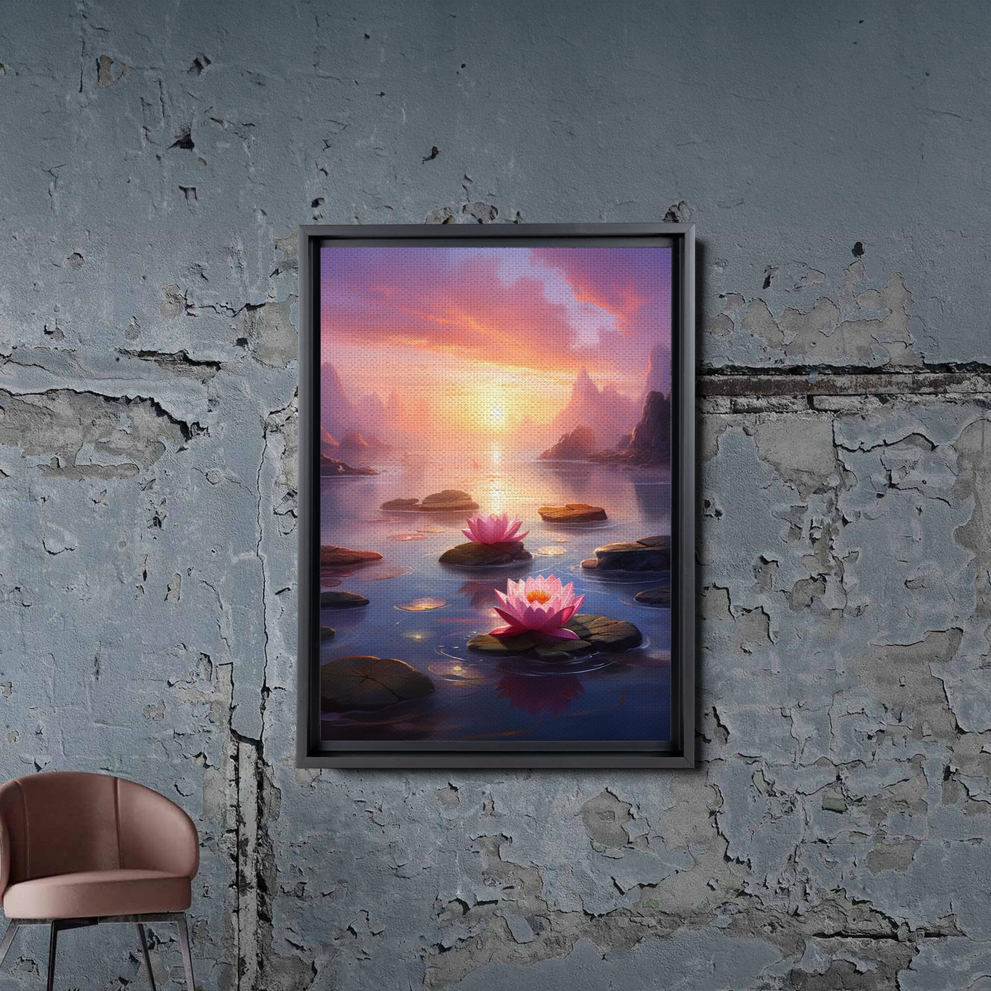 Zen Wall Art Decor - Framed Canvas Print of Peaceful Zen Garden with Stone Flower & Sunset Meditation Scene - Perfect for Yoga Studios, Home Decor & Mindfulness Spaces