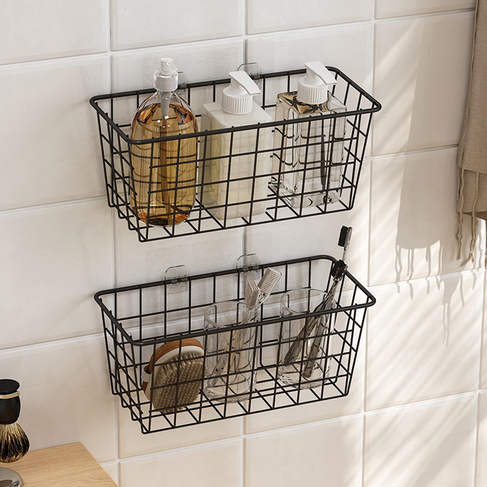 Adhesive Wall Mounted Kitchen Storage Baskets - No Drill Hanging Wire Baskets for Pantry, Bathroom & Home Organization (2 Pack, Black) - Perfect for Spice Jars, Utensils & Small Item Storage