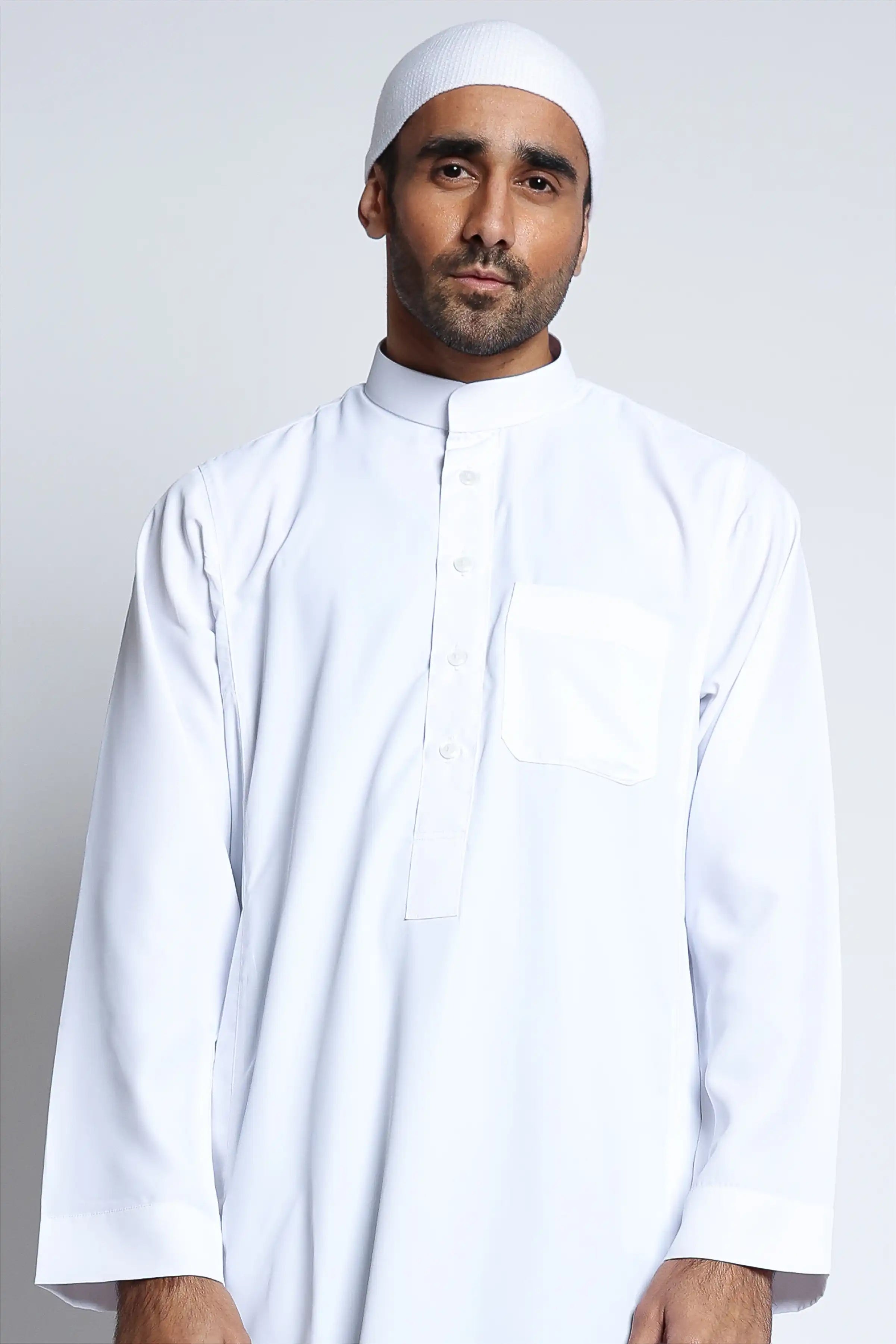 J150 White Collar Thobe for Men - Premium Embroidered Islamic Robe - Perfect for Eid, Ramadan & Special Occasions
