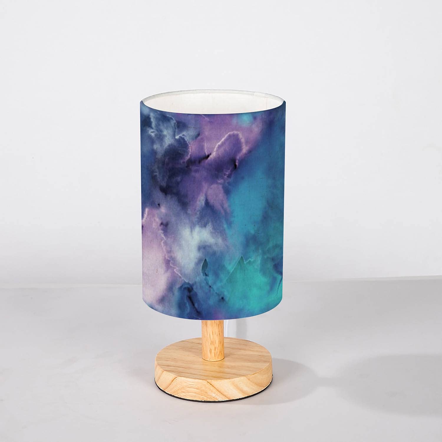 Minimalist Wooden Nightstand Lamp with Flaxen Fabric Shade - Abstract Sky Galaxy Watercolor Design Bedside Table Light for Bedroom, Living Room & Office - Perfect for Reading, Relaxing and Home Decor