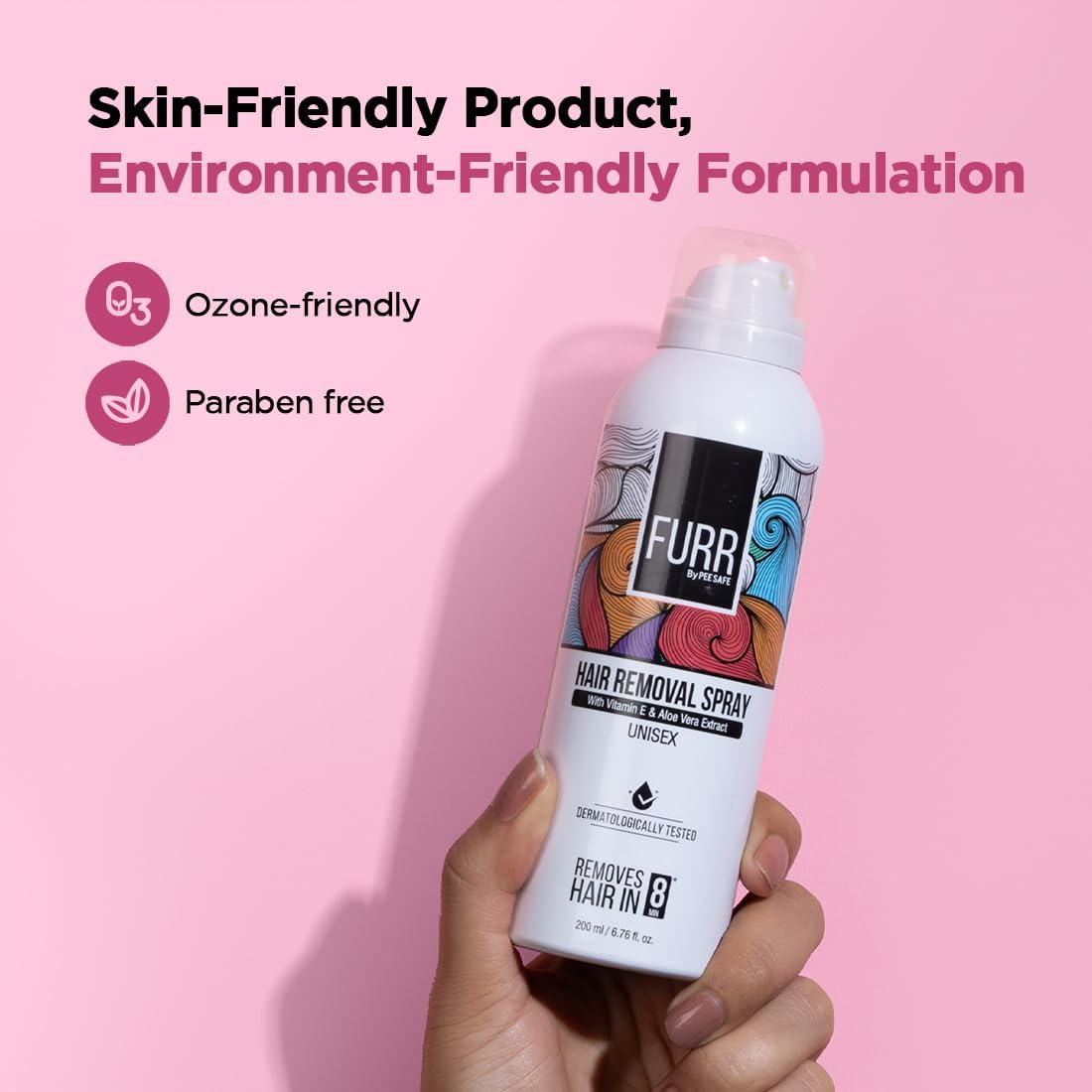 Furr Hair Removal Spray for Men & Women - 200ml with Aloe Vera & Vitamin E | Painless Hair Removal in 8 Minutes | Works on Chest, Arms, Legs, Underarms & Bikini Area | Leaves Skin Soft & Smooth | Perfect for Home Use & Travel