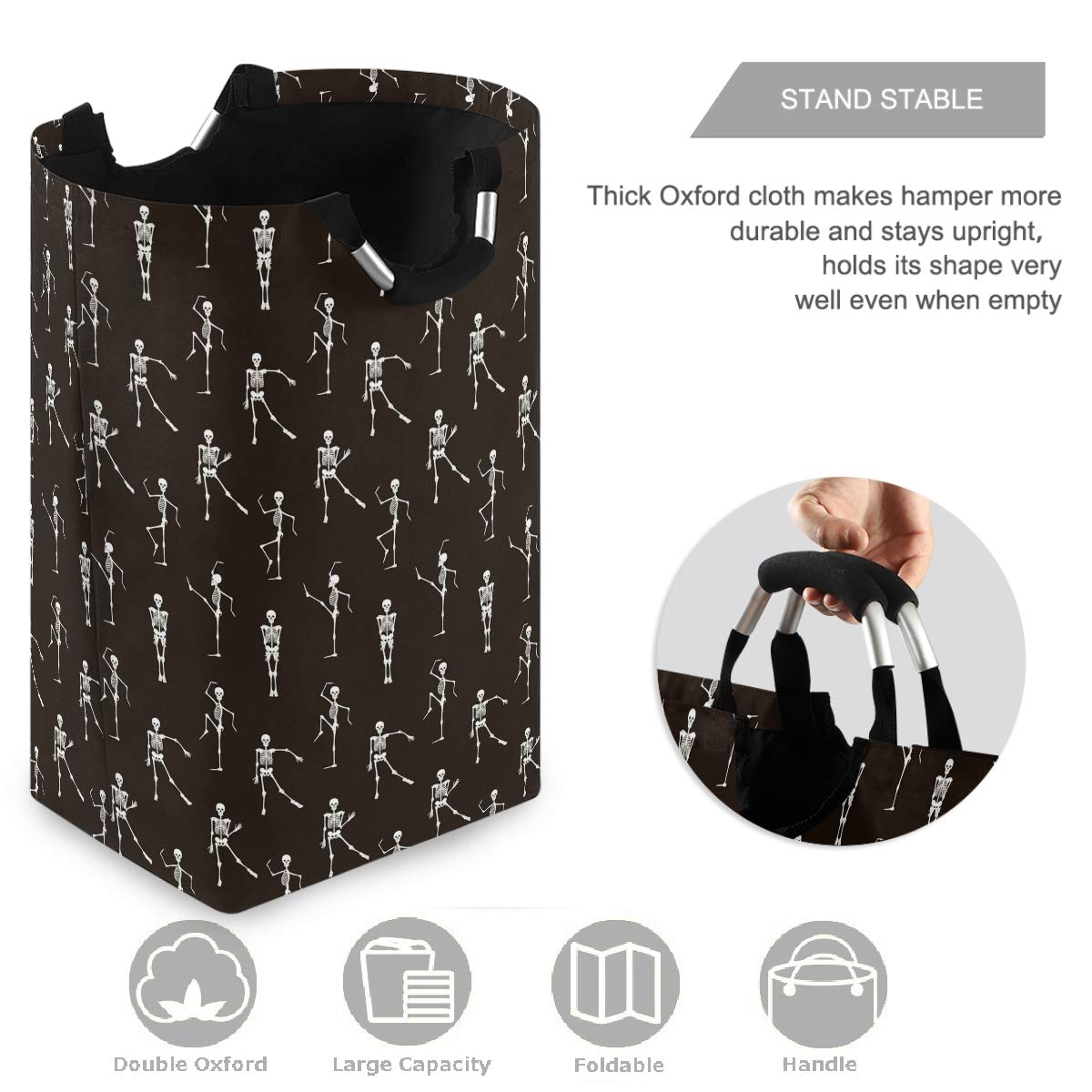 Visesunny Large Collapsible Laundry Hamper - Foldable Oxford Fabric Laundry Basket with Handles, Waterproof Dirty Clothes Storage Bag for Bedroom, Dorm, Travel & Camping (Black Dancing Skeleton Design)