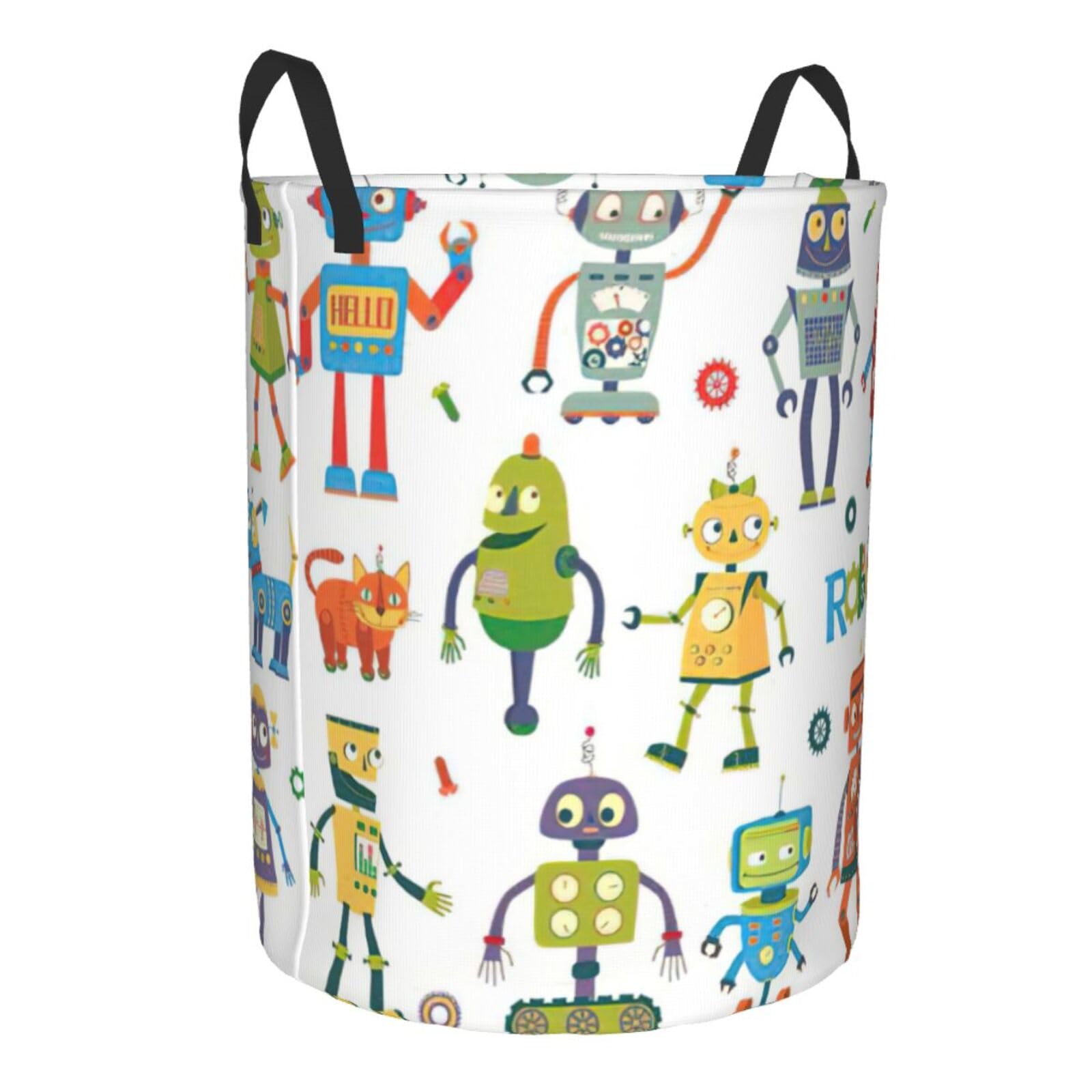 Cartoon Robots Print Round Laundry Basket - Stylish Storage for Clothes, Books & Toys | Perfect for Kids Room, Nursery & Playroom Organization