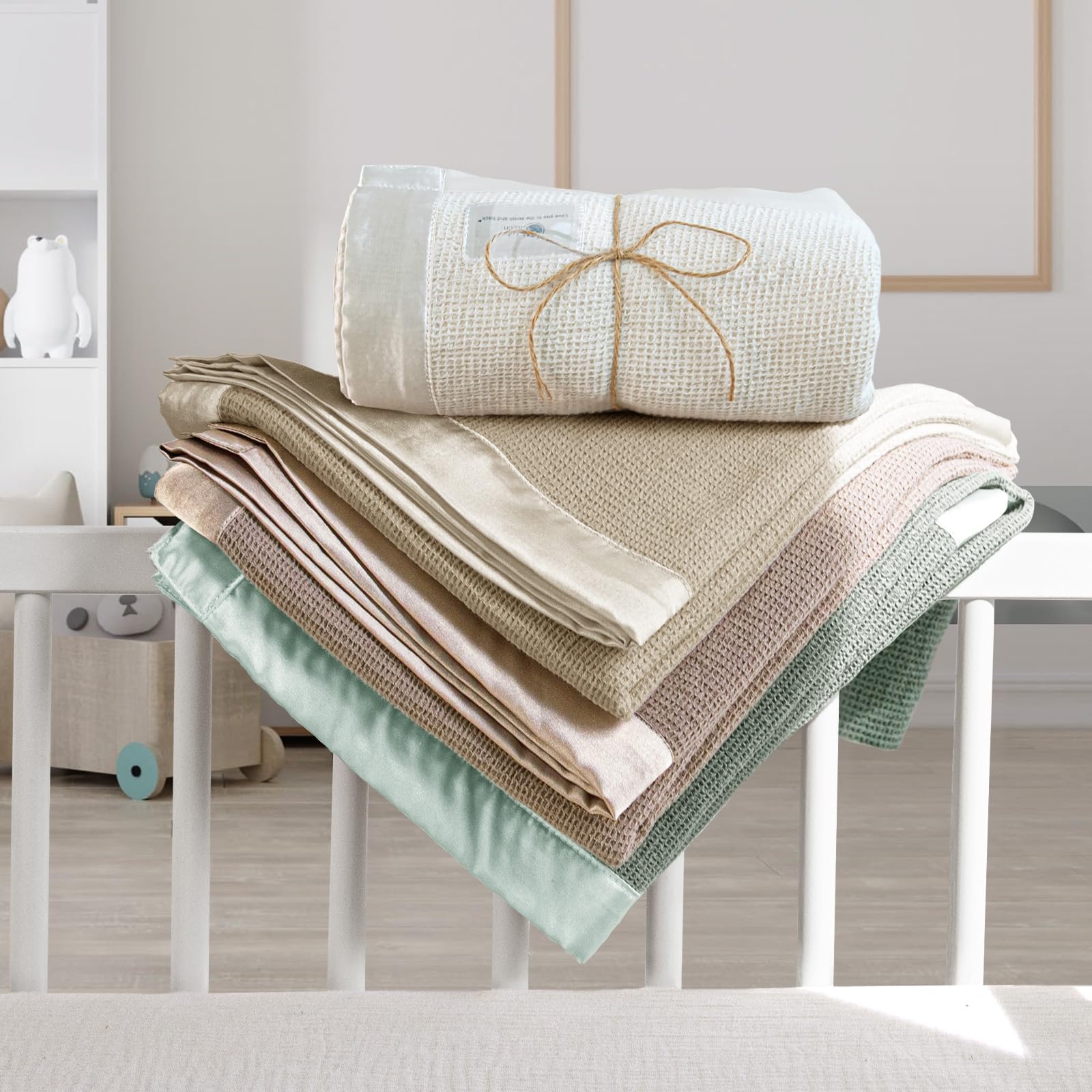 Soft Cotton Waffle Baby Swaddle Blanket with Satin Trim - Breathable Nursing Cover & Crib Blanket for Newborns & Toddlers - Perfect for Naptime, Swaddling & Baby Shower Gifts (Cream)