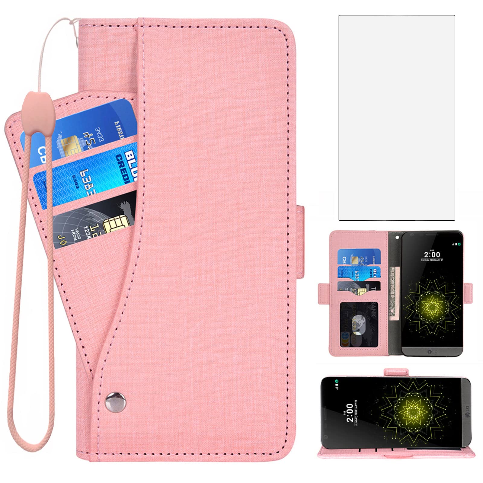 ASUWISH Wallet Case for LG G5 - Leather Flip Cover with Card Holder & Stand, Tempered Glass Screen Protector | Compatible with LG G5 SE/LG5/G5 5G | Perfect for Men, Women & Teens (Pink) - Ideal for Work, Travel & Everyday Protection