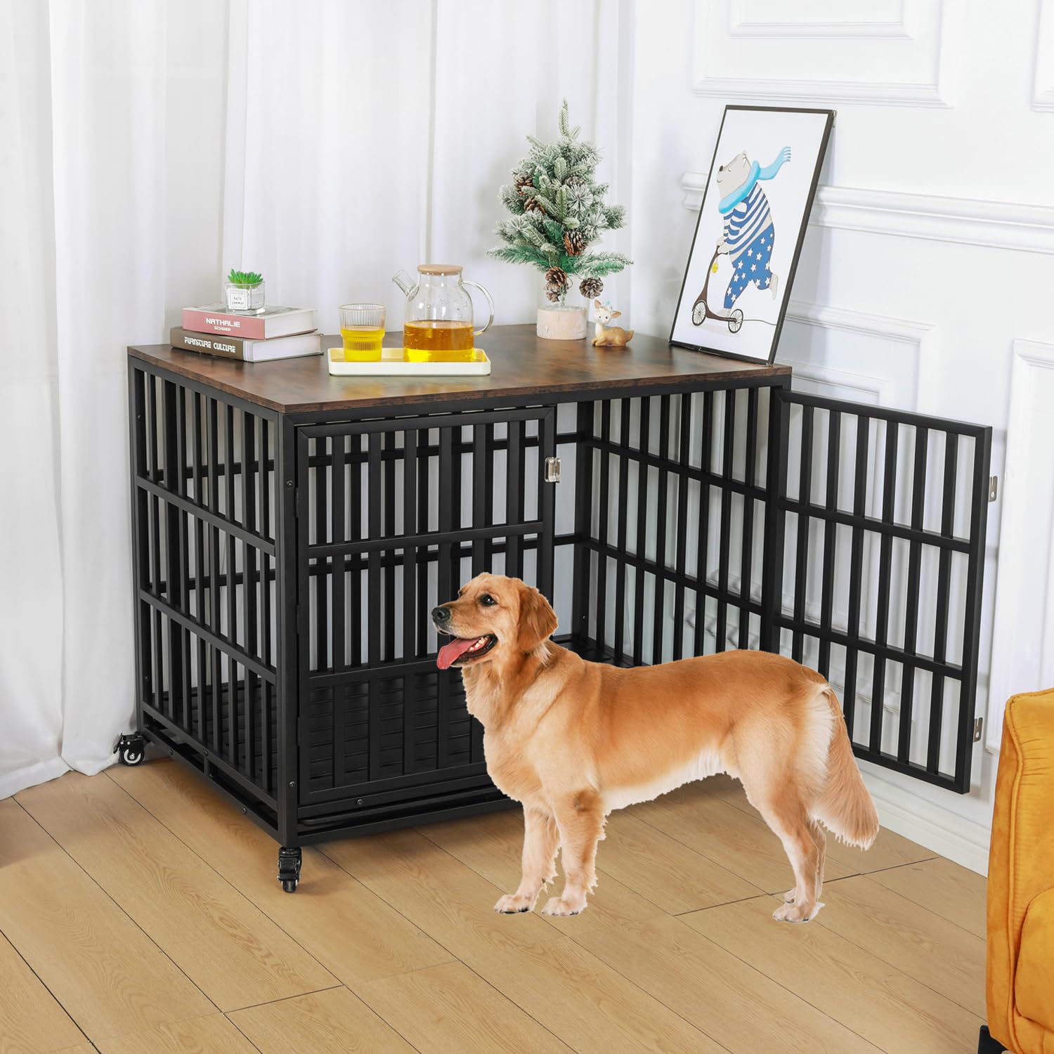 42'' Heavy Duty Wooden Dog Crate Furniture for Medium & Large Dogs - Rustic Escape Proof Pet Kennel with Wheels & Trays, Decorative End Table for Living Room - Perfect for Indoor Use, Pet Anxiety Relief & Home Décor