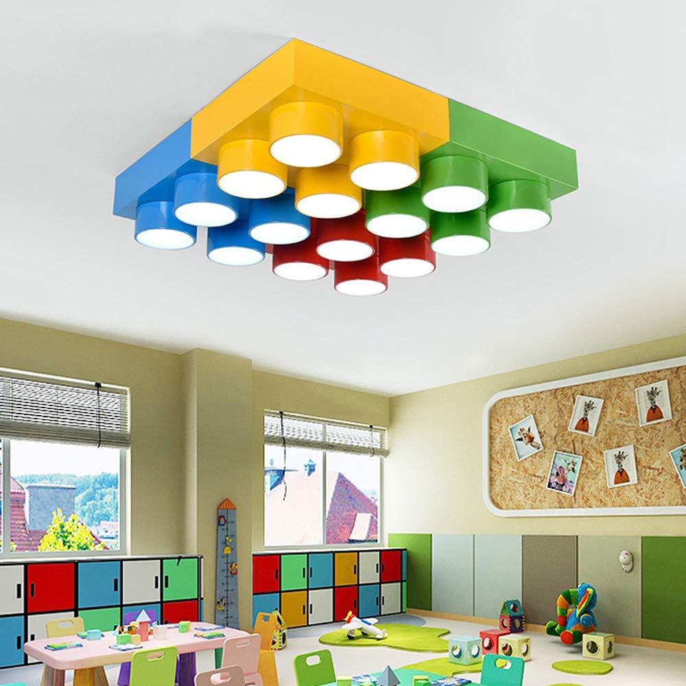 Modern Kids Ceiling Light - Creative Colorful Block Toy Design, Acrylic Flush Mount Fixture for Children's Bedroom, Nursery & Playroom - Perfect for Kindergarten, Playground & Kids Room Lighting (Square, Yellow)
