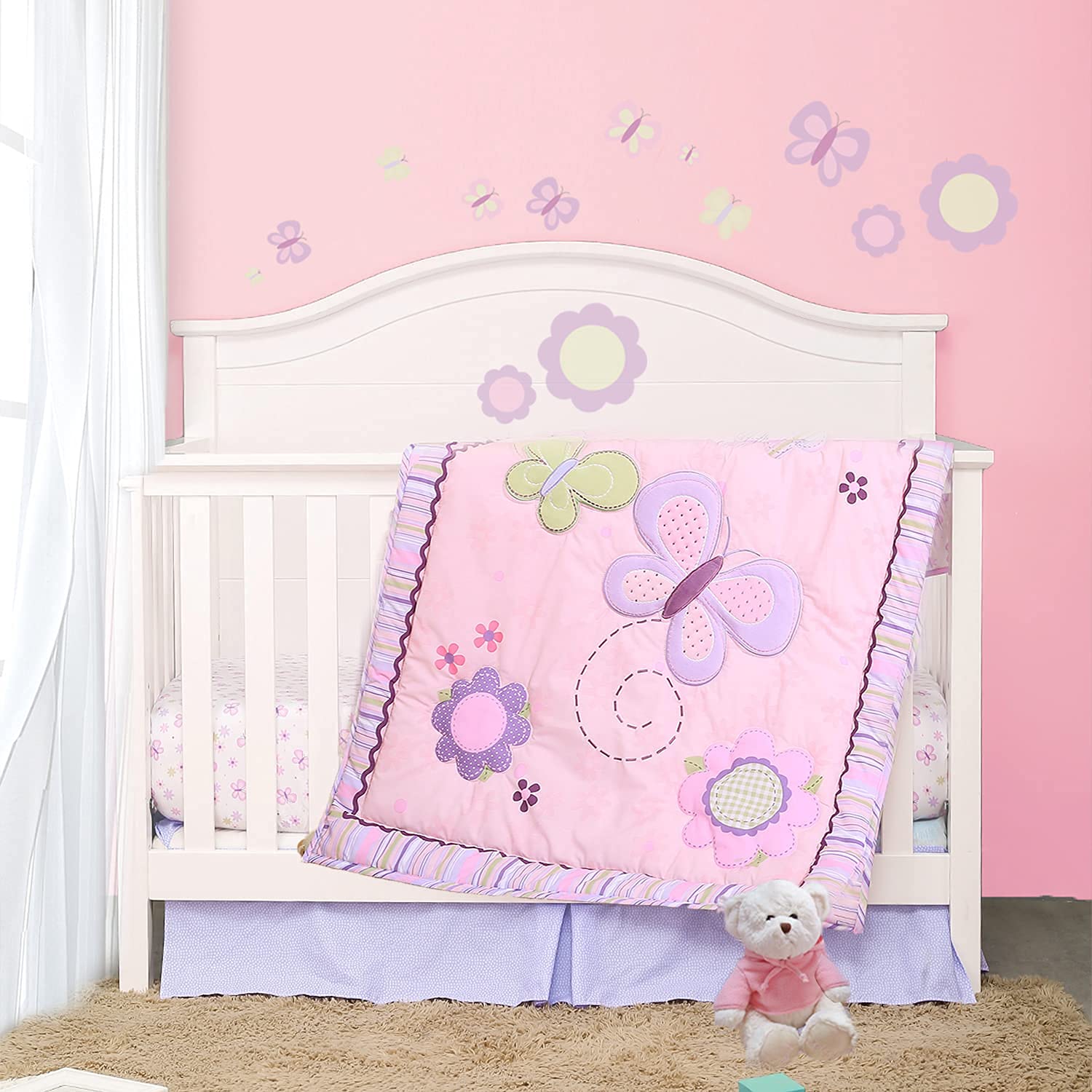 Sweet Pink Butterfly Baby Crib Bedding Set for Girls - 100% Cotton 3-Piece Nursery Set with Comforter, Skirt & Crib Sheet | Floral Garden Design | Perfect for Newborns, Baby Showers & Nursery Decor