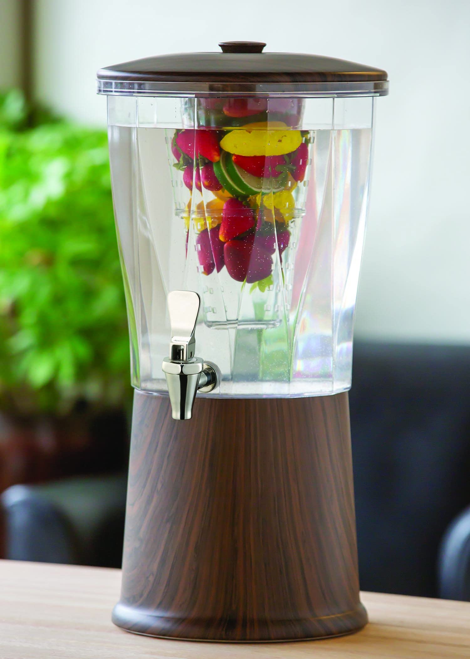 3 Gallon Stainless Steel Beverage Dispenser with Infuser Tube & Spigot - Dark Wood Stand - Perfect for Parties, Events & Home Entertaining