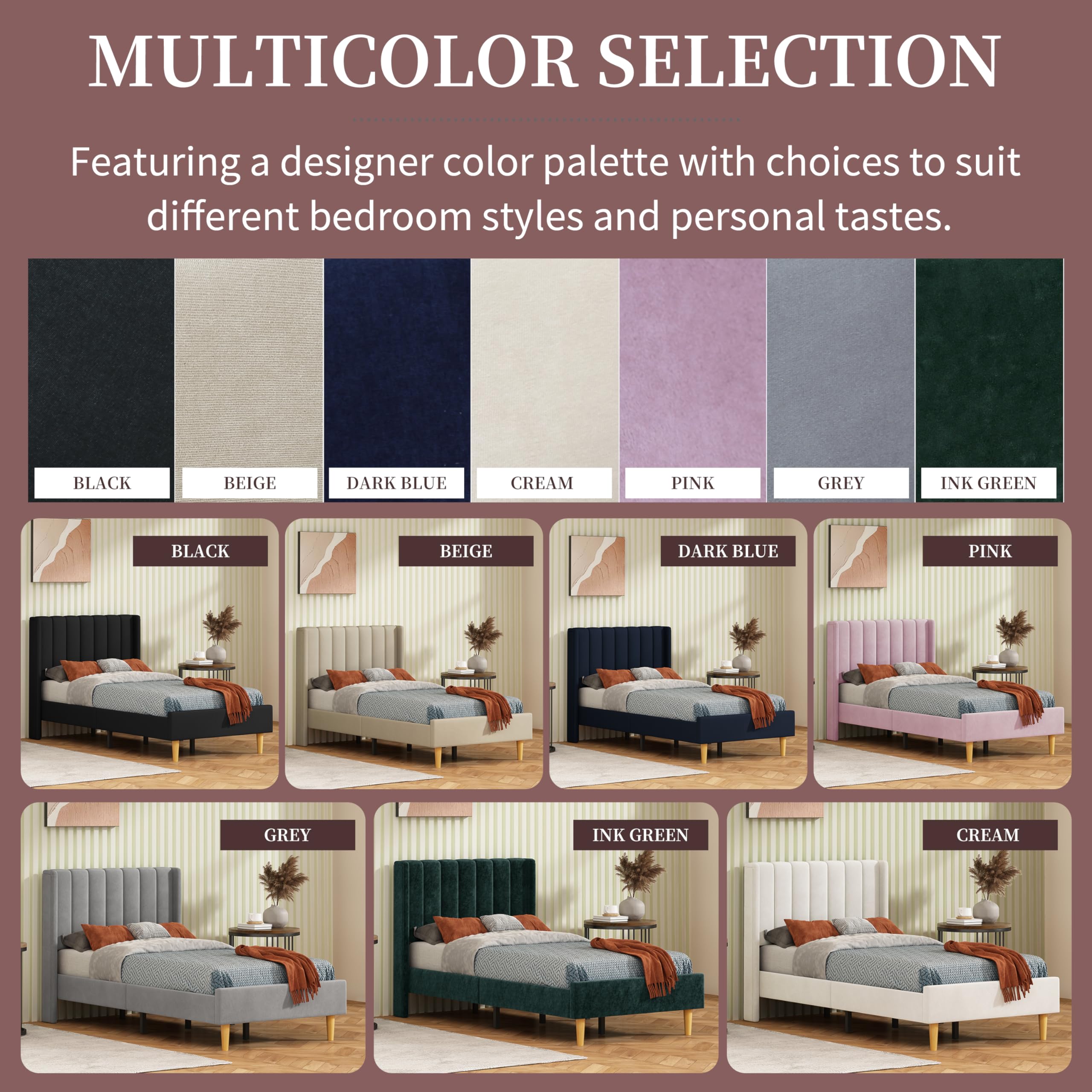 Pink Upholstered Platform Bed Frame - Full Size, No Box Spring Needed for Bedroom