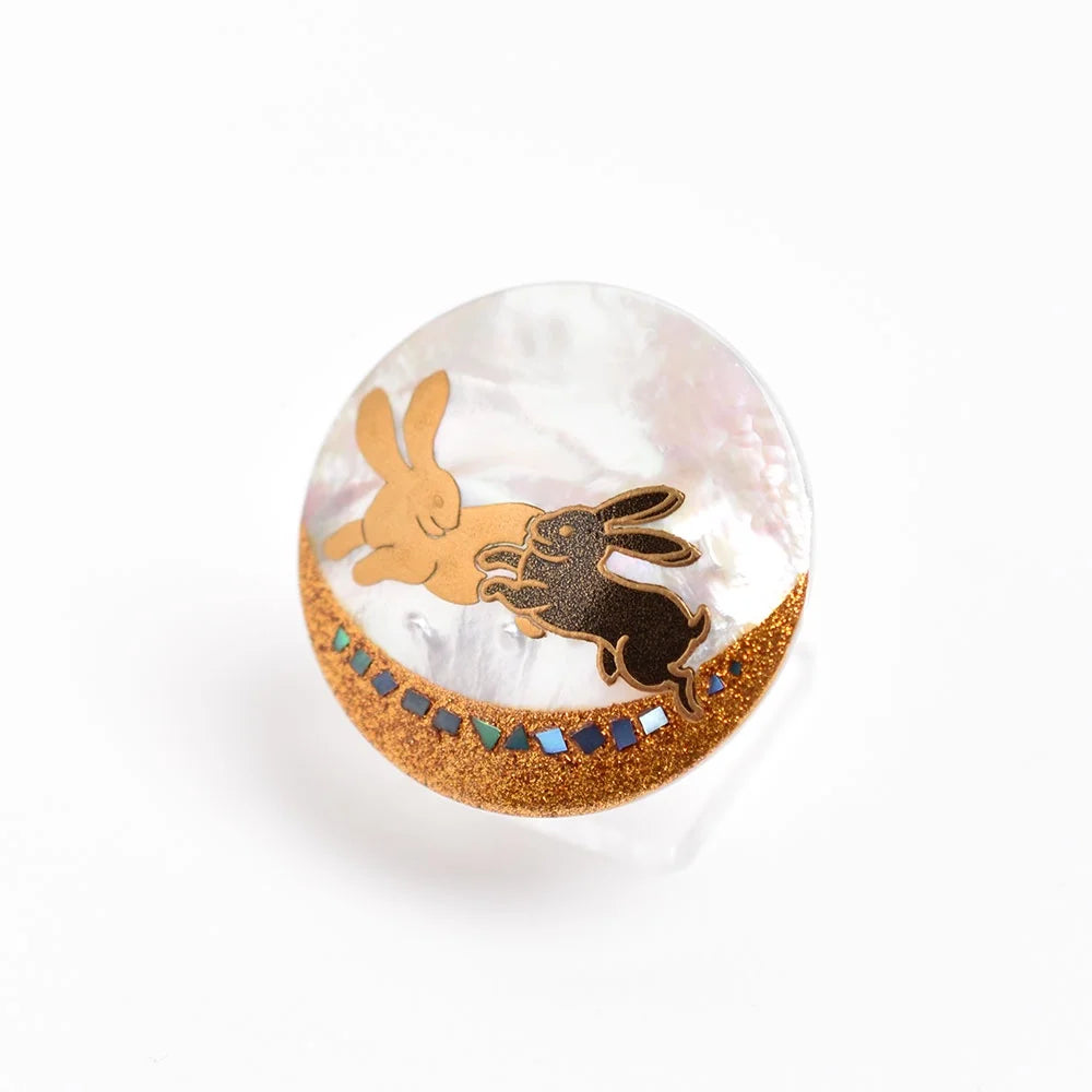 Handmade Japanese Maki-e Urushi Lacquer Brooch with White South Sea Pearl Shell - Rabbit Design Traditional Jewelry for Women, Gift for Collectors & Special Occasions