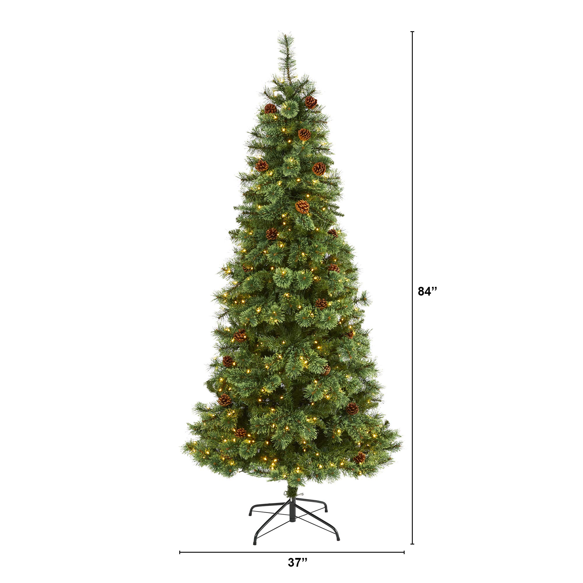 Nearly Natural 7ft White Mountain Pine Artificial Christmas Tree with 400 Clear LED Lights & Pine Cones - Perfect for Holiday Home Decor, Office Christmas Party & Festive Indoor Decoration