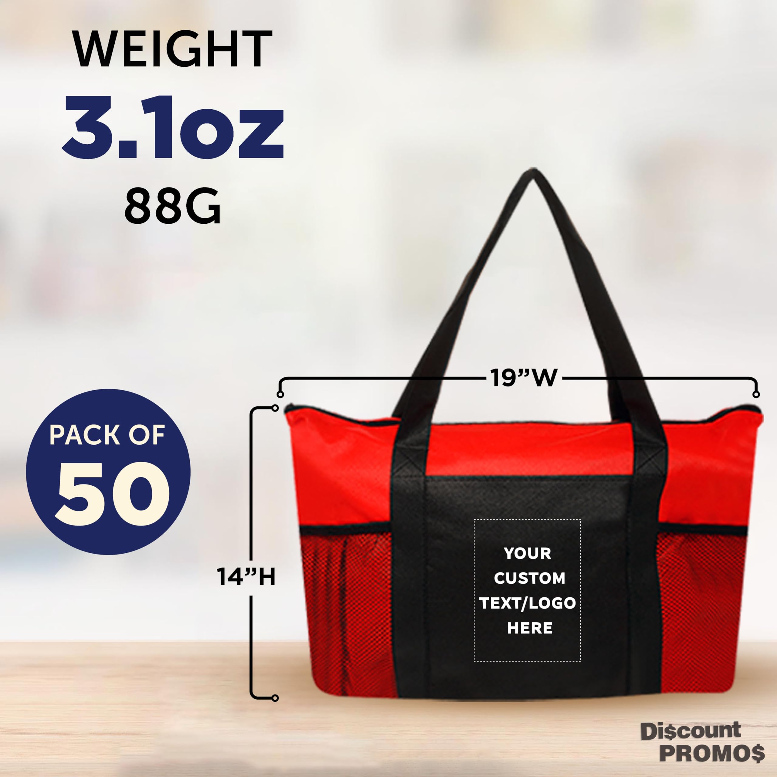 50 Pack Customizable Zippered Non-Woven Tote Bags with Mesh Pocket - Eco-Friendly Reusable Shopping Bags (19