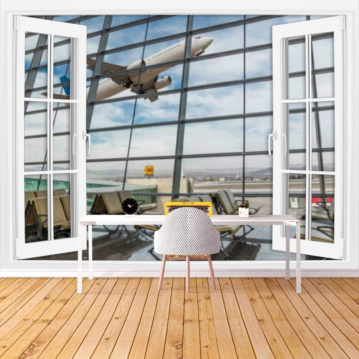 KEIRUNNRUGS Creative Removable Self-Adhesive Wall Decal - Window Wall Sticker & Airplane Takeoff Landing Mural (100x144 Inch) - Perfect for Living Room Decor, Airport Lounges & Kids' Bedrooms