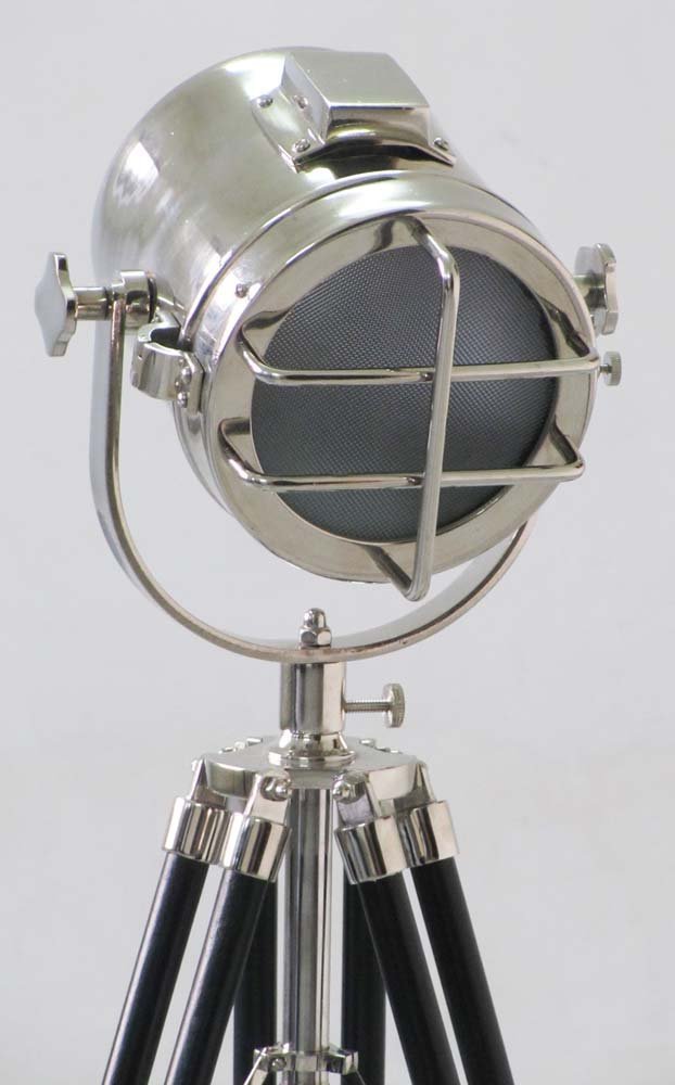Nautical Chrome Searchlight with Tripod Stand - Adjustable Studio Spotlight, Designer Table Lamp for Home Decor, Photography, and Stage Lighting