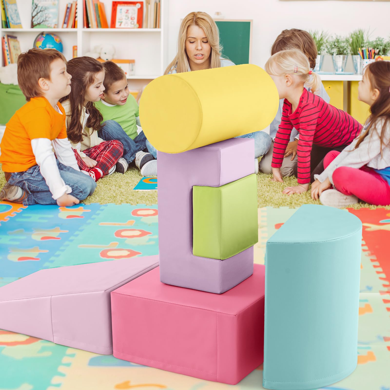 KOTEK 6-Piece Soft Foam Climbing and Crawling Play Set for Toddlers - Safe Indoor Playground Blocks for Climbing, Sliding & Active Play - Perfect for Home, Daycare & Preschool (Pink)