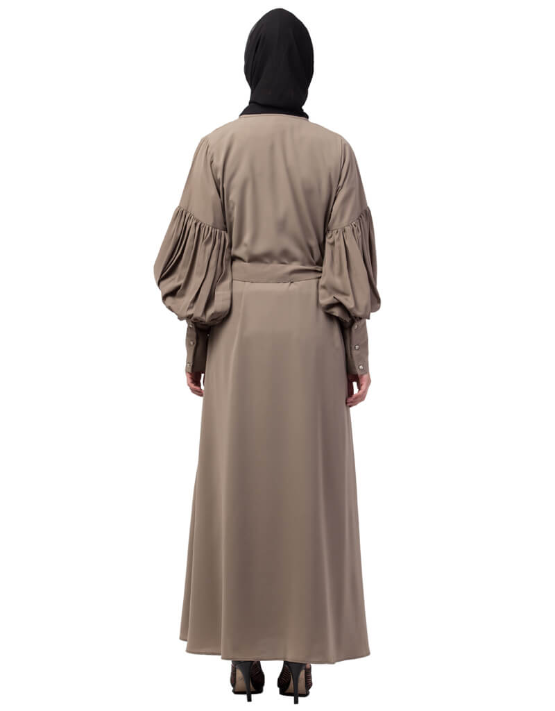 Elegant Arabic Long Cuff Full Balloon Sleeve Belted A-Line Abaya Dress in Khaki - Perfect for Modest Fashion, Islamic Prayer & Special Occasions