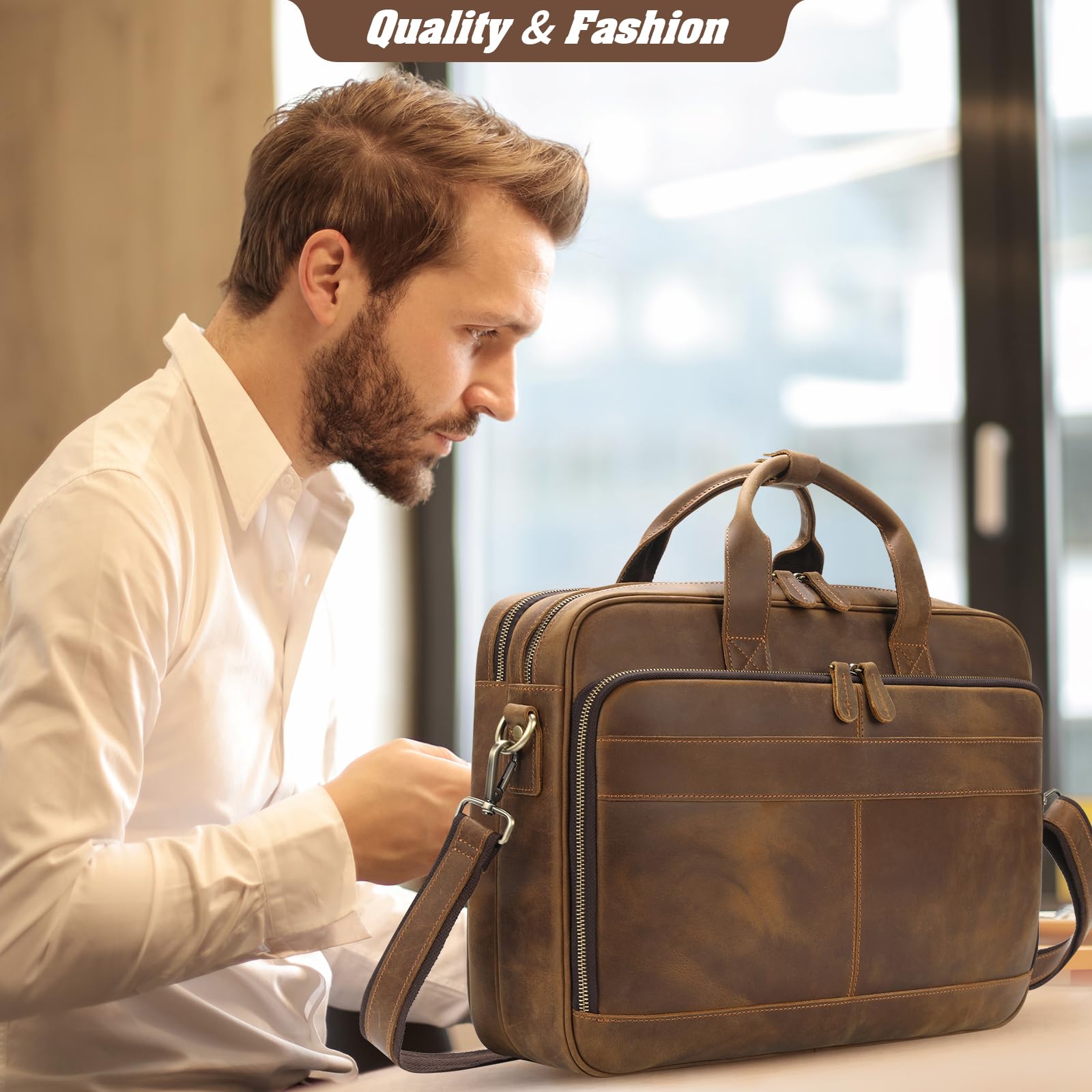Jack & Chris Genuine Leather Briefcase for Men - Professional Business Laptop Messenger Bag for Work, Travel & Office - Durable 15.6 Inch Computer Bag with Shoulder Strap (Perfect for Business Trips, Commuting & Daily Office Use)