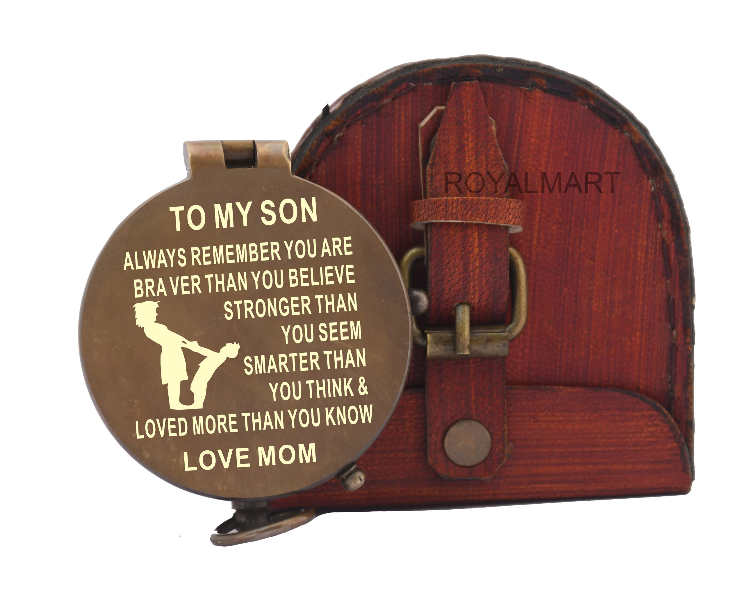 Royalmart Antique Brass Compass with Leather Case & Chain - Personalized Engraved Gift for Son, Graduation Present | Perfect for Outdoor Adventures, Hiking, and Special Occasions