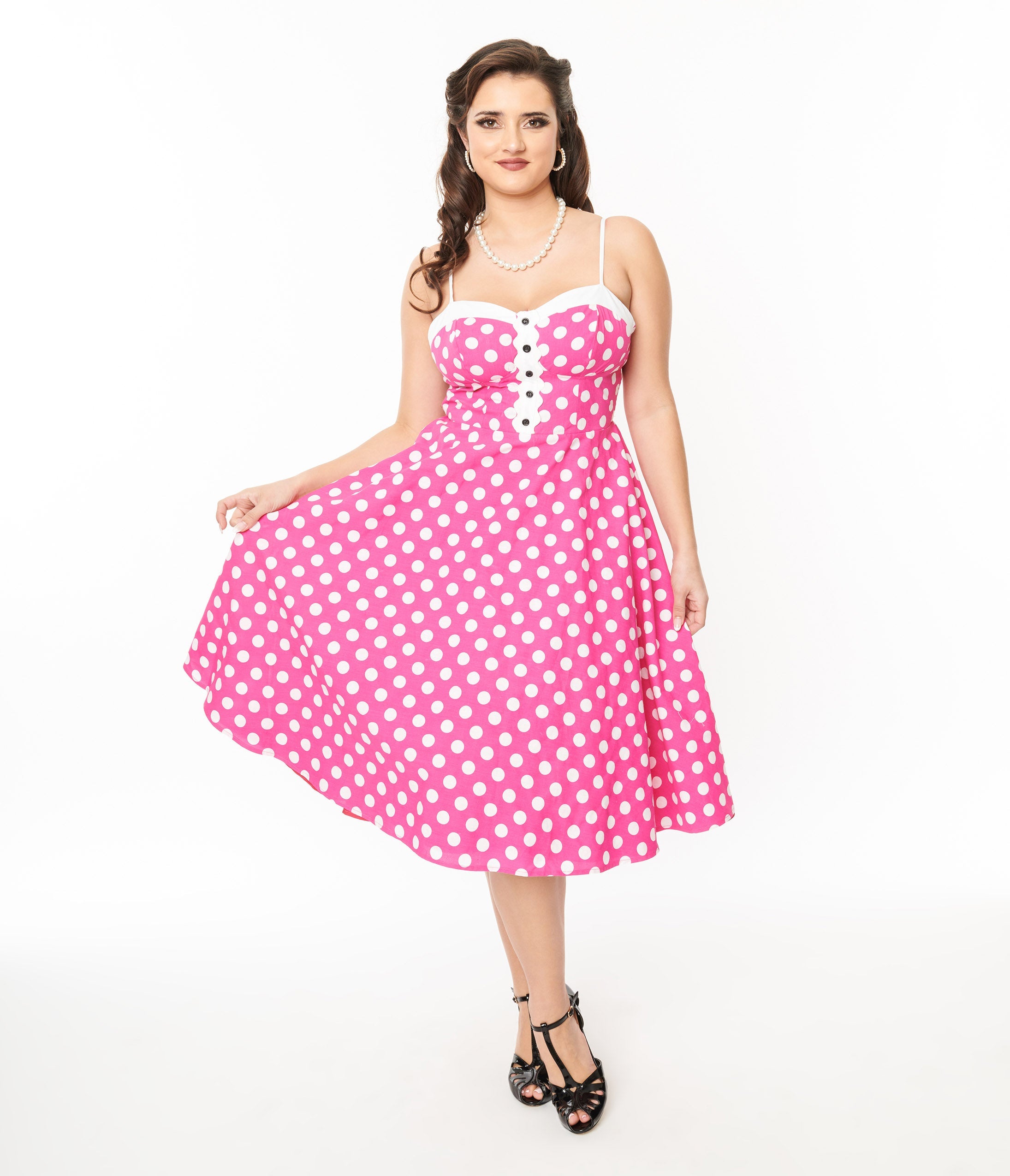 Vintage 1950s Hot Pink & White Polka Dot Swing Dress - Retro Cotton A-Line Dress for Women | Perfect for Cocktail Parties, Tea Dances & Pin-Up Photo Shoots