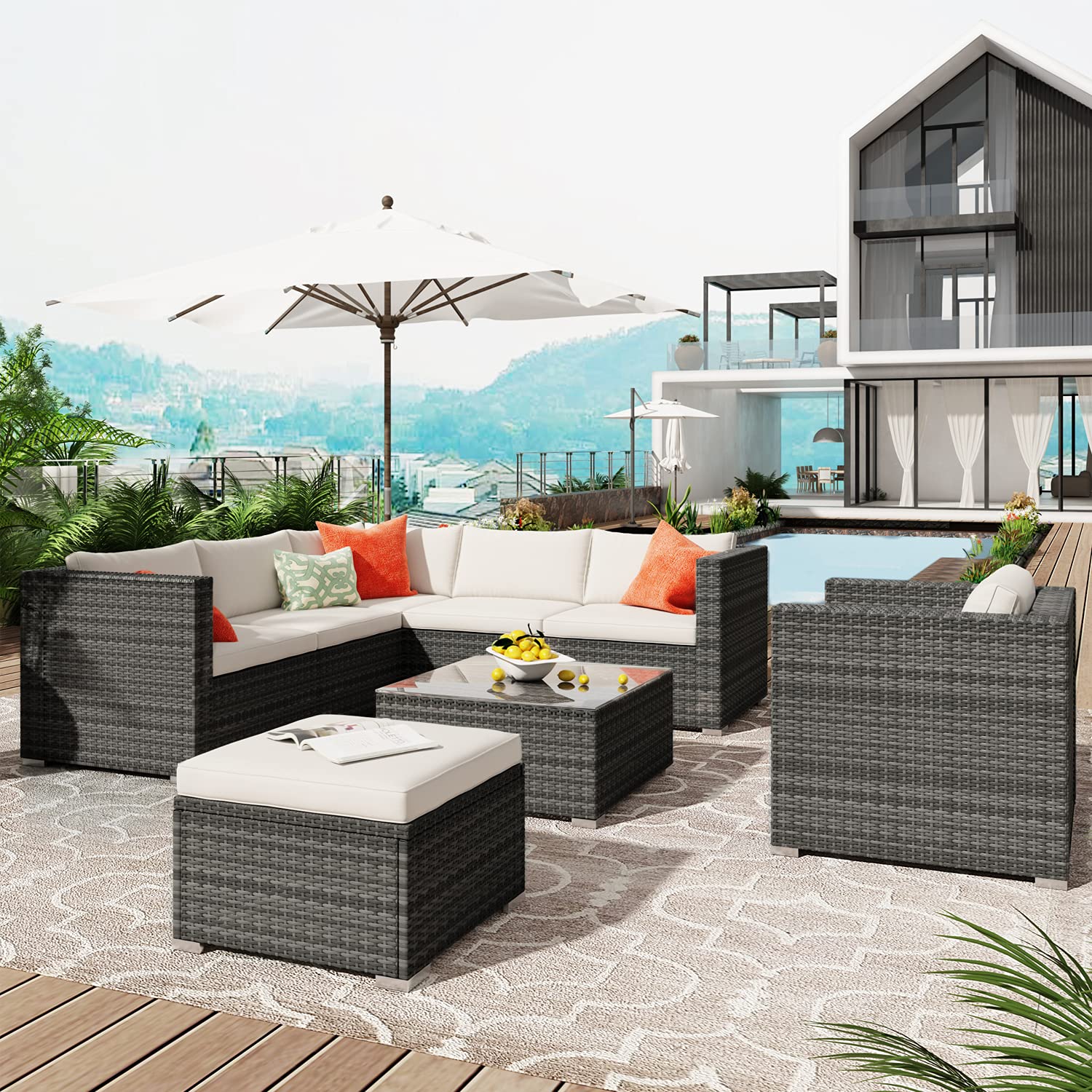 8-Piece Outdoor Rattan Patio Furniture Set, All-Weather Grey Wicker Sofa with Dining Table & Chairs, Ottoman Stool & Beige Cushions - Perfect for Poolside, Balcony, Garden, and Backyard Relaxation