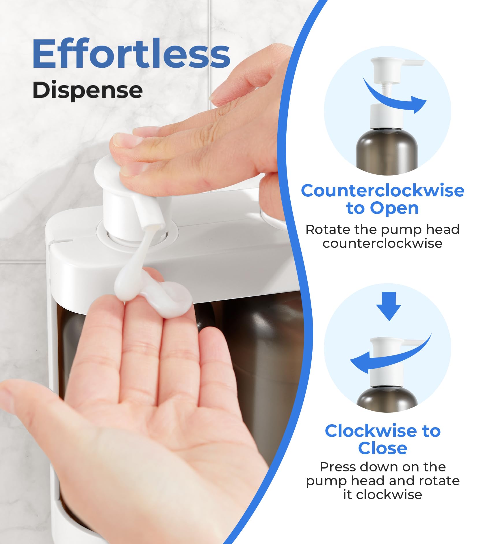 3-Chamber Wall Mounted Shampoo & Conditioner Dispenser for Shower - No Drill Bathroom Organizer with Soap Dispenser | Perfect for Hotels, Spas & Home Bathrooms (White)