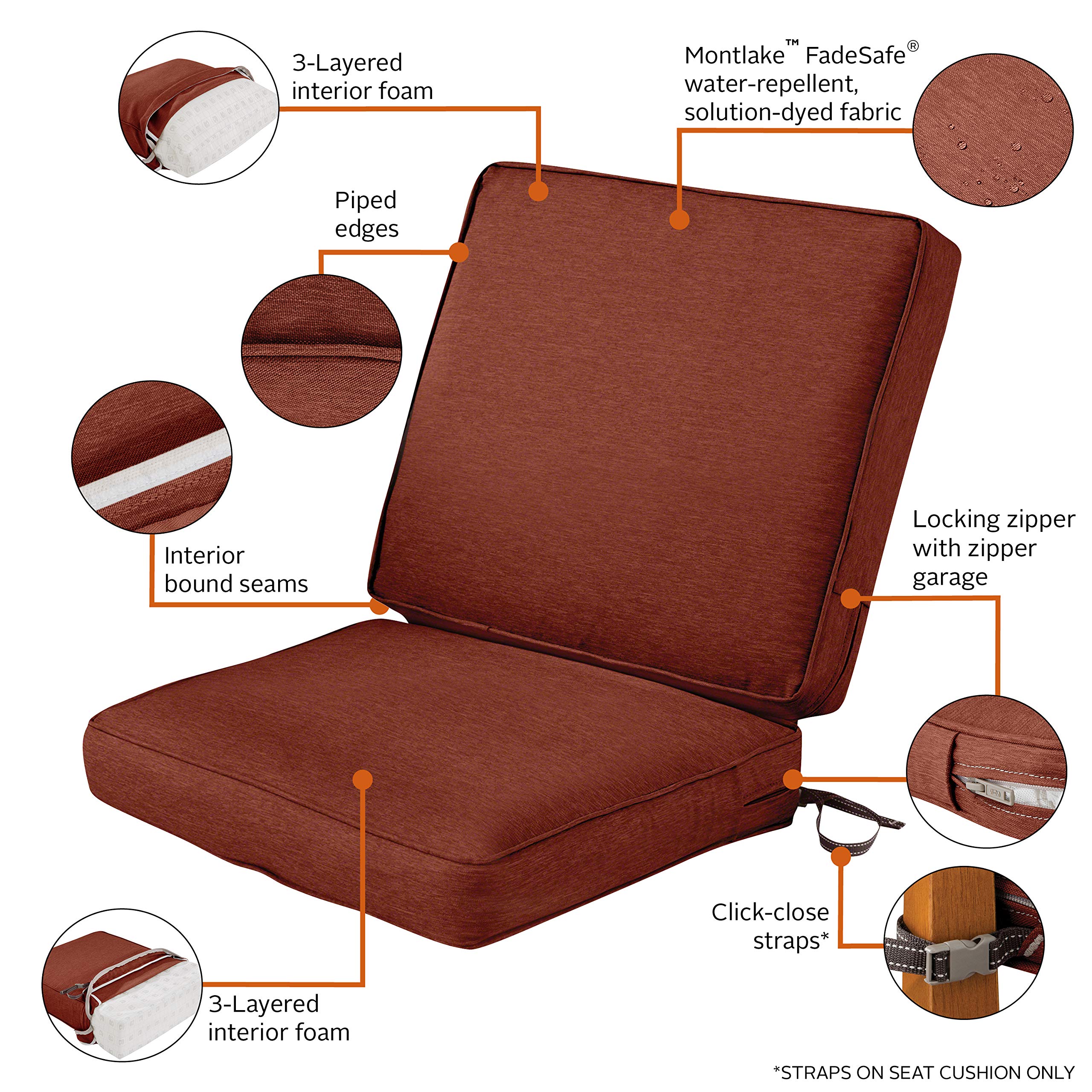 Montlake FadeSafe Water-Resistant Patio Cushion Set - Heather Henna, 44x20x3 Inch for Outdoor Chairs