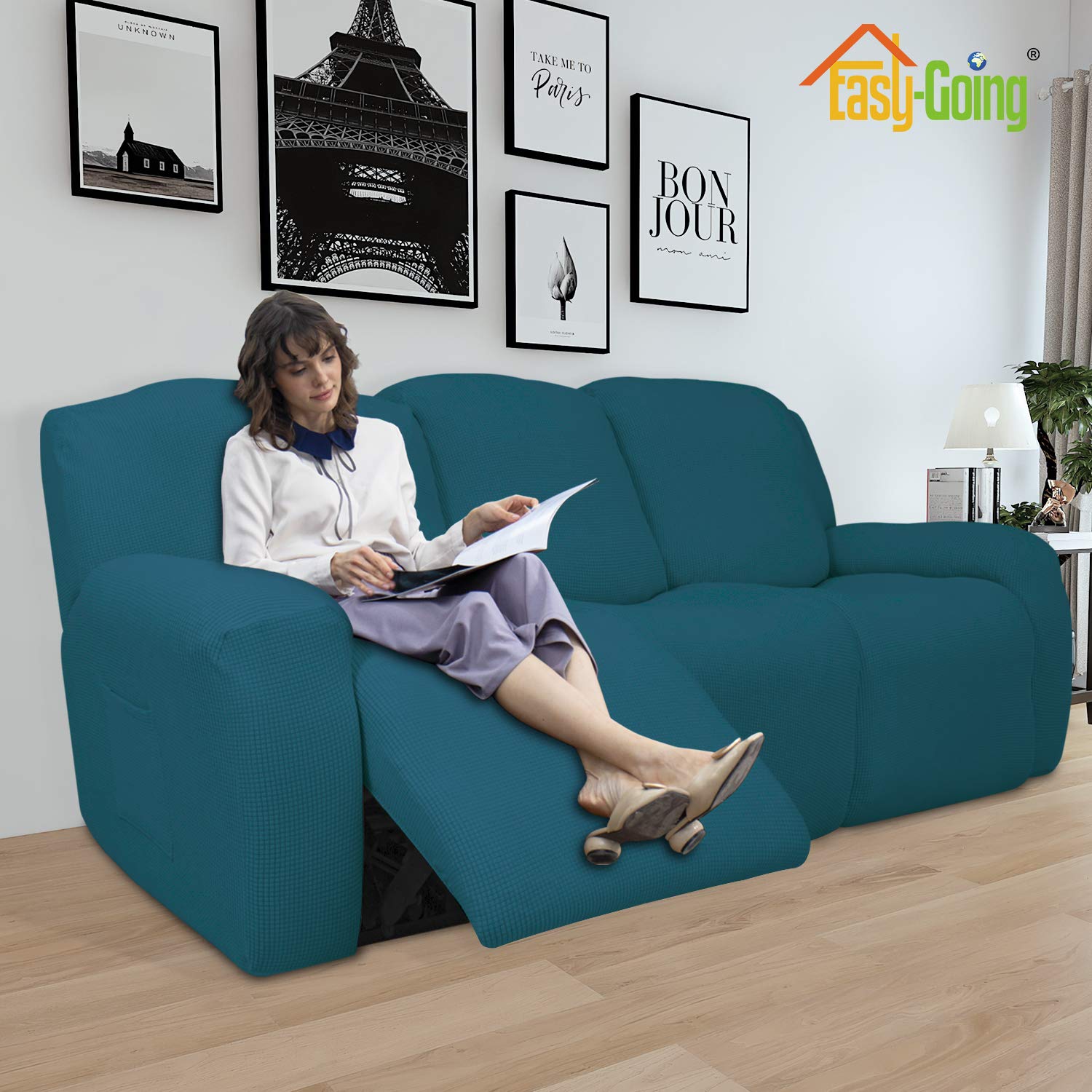 8-Piece Stretch Recliner Sofa Slipcover Set - Soft Spandex Jacquard Fabric with Elastic Bottom, Peacock Blue Checkered Design - Perfect for Living Room Furniture Protection, Pet & Kid-Friendly Couch Cover
