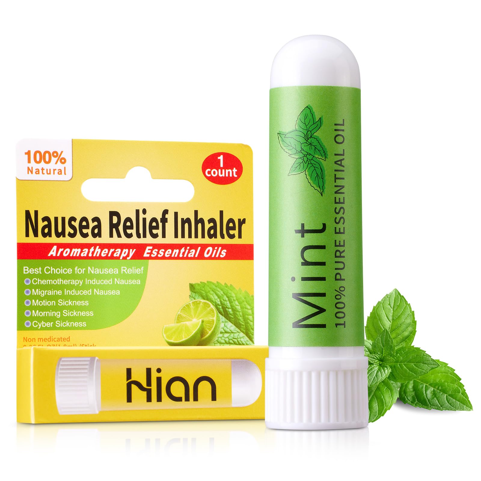 Hion Natural Nausea Relief Inhaler with Mint Essential Oil - 100% Pure & Organic Aromatherapy for Motion Sickness, Morning Sickness & Travel - Portable Essential Oil Inhaler Stick for Car, Plane & Office Use
