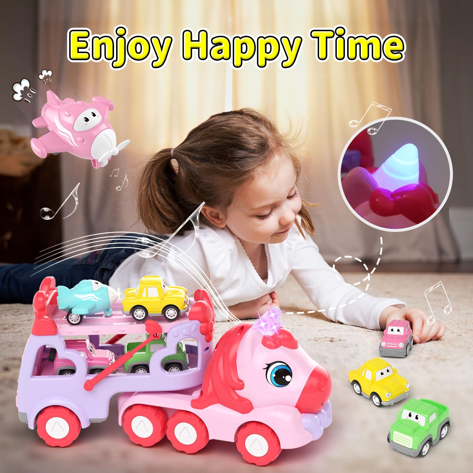 Best 7-in-1 Carrier Truck Toy for 1-3 Year Old Girls - Light & Sound Toy Cars with Music | Toddler Learning Toys for Girls Age 1-2-3 | Perfect Birthday, Christmas & Easter Gift for Toddlers | Great for Pretend Play, Early Learning & Indoor Fun