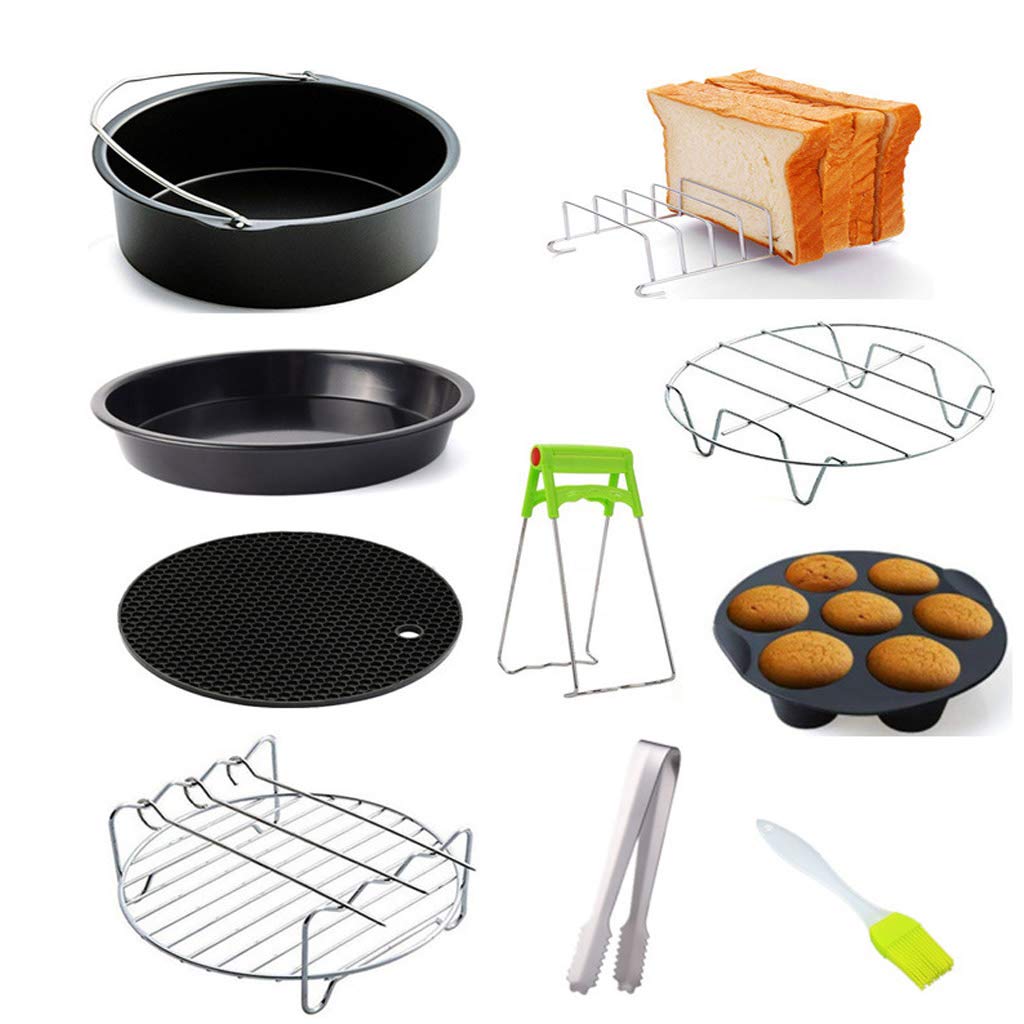 9-Piece Air Fryer Accessories Set - 6/7/8 Inch Pizza Tray, Grill Rack & Toast Rack for Healthy Cooking | Perfect for Baking, Grilling & Reheating in Air Fryer Oven