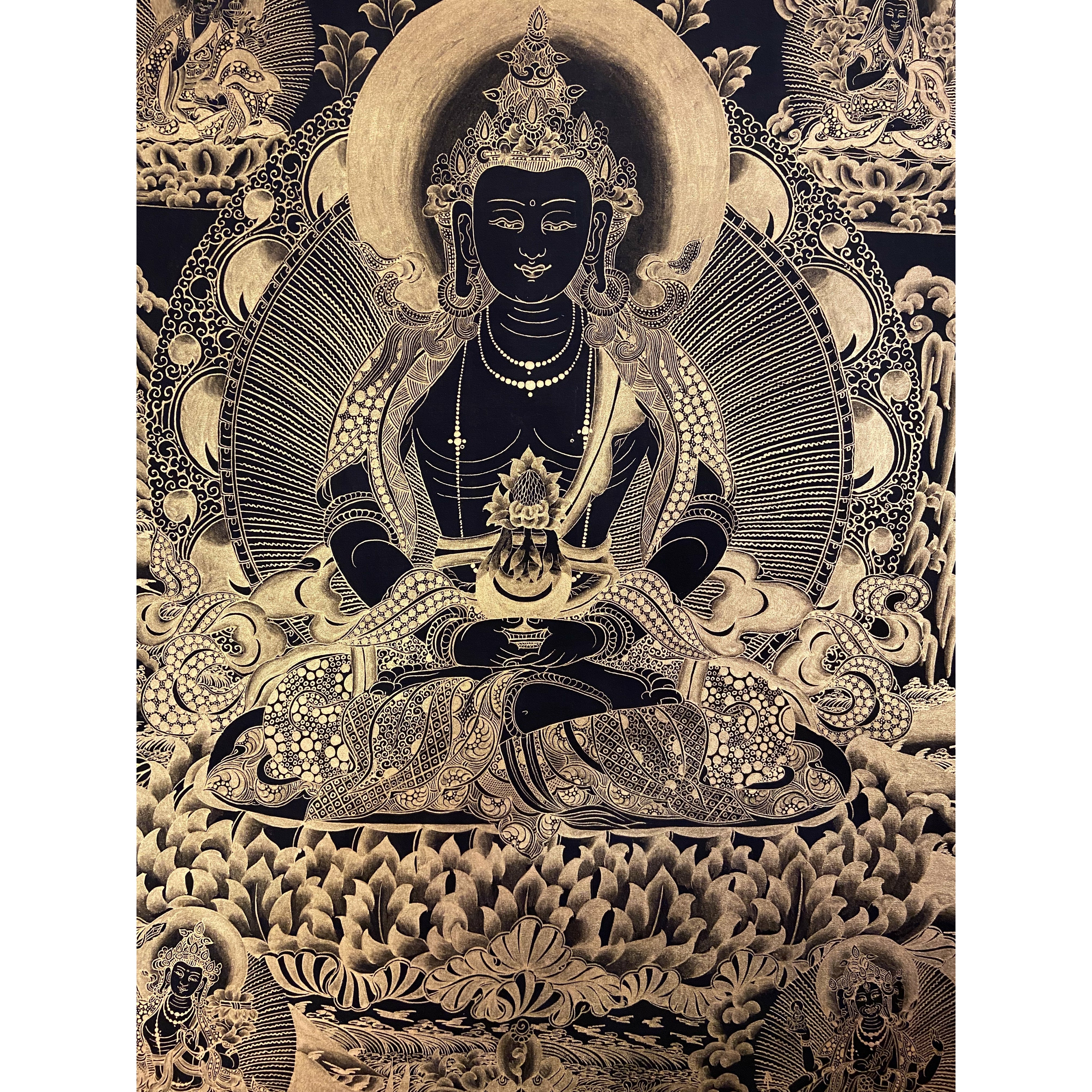 Amitayus Buddha Black and Gold Thangka Painting - Tibetan Buddhist Wall Art for Meditation & Home Decor | Perfect for Yoga Studios, Spiritual Spaces & Gift Giving