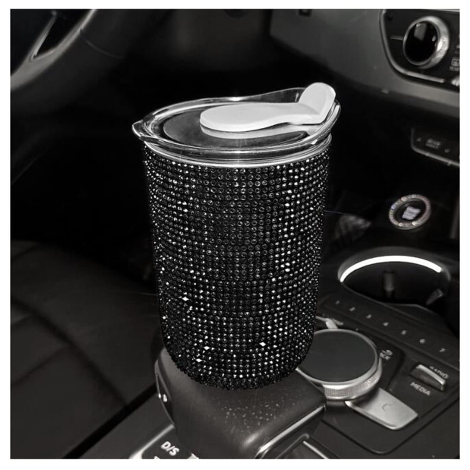 Sparkling Rhinestone Stainless Steel Vacuum Insulated Coffee Tumbler with Lid - 20oz Leakproof Travel Mug for Hot & Cold Drinks, Perfect for Office, Gym, and Car Commute - Elegant Black Design