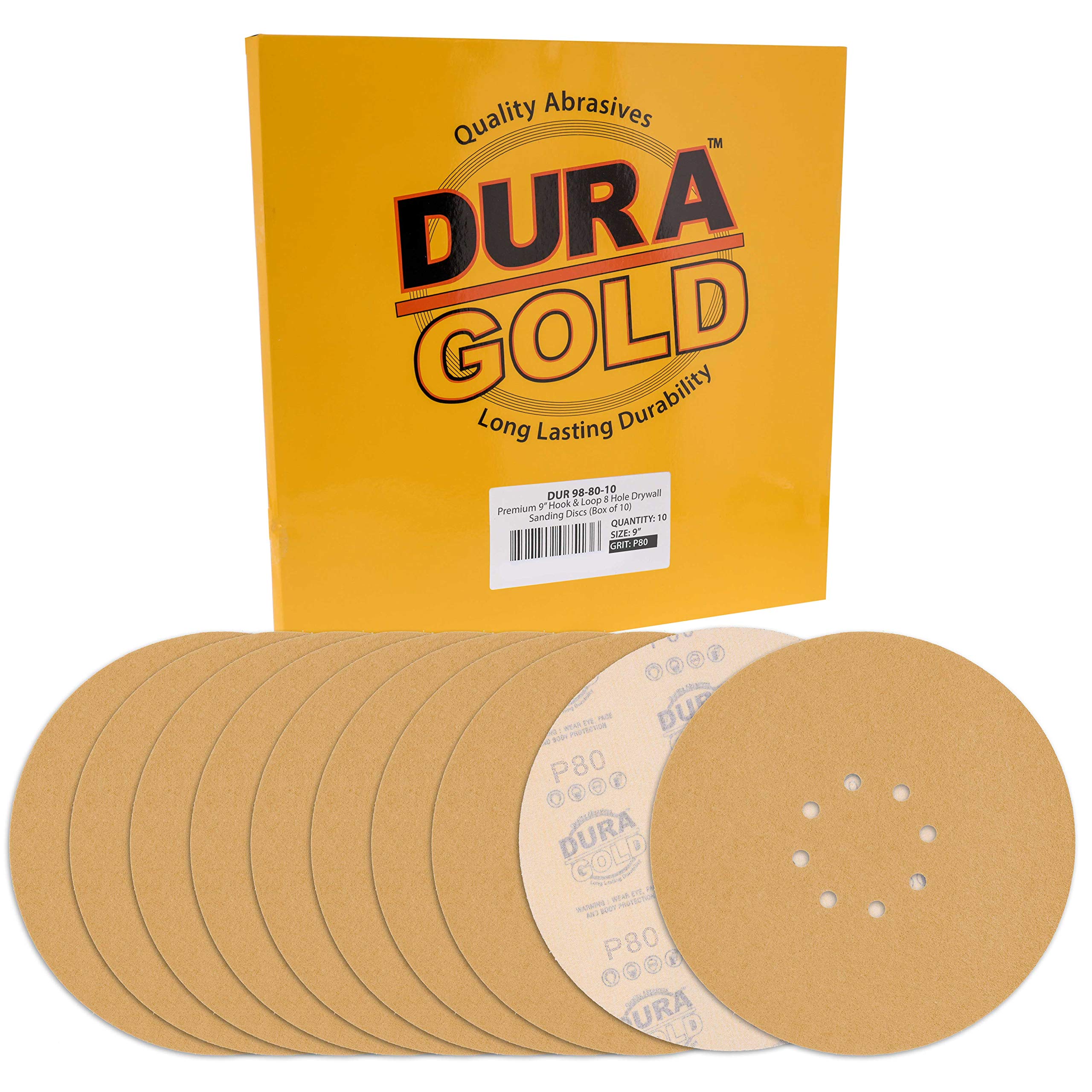 Dura-Gold Premium 9 Inch Drywall Sanding Discs 80 Grit - 10 Pack with 8 Hole Hook & Loop Backing - Fast Cutting Aluminum Oxide Sandpaper for Power Sanders - Perfect for Drywall, Wood Sanding & Surface Preparation