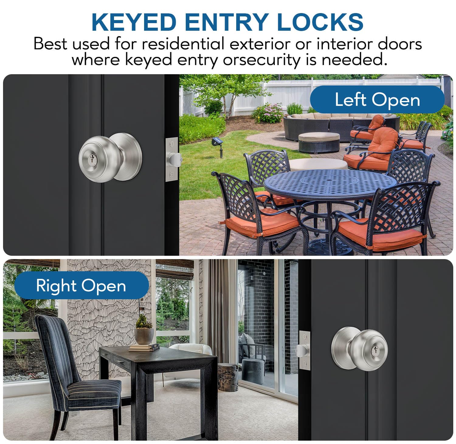 3-Pack Keyed Door Knobs - Stainless Steel Entry Locks for Home Security