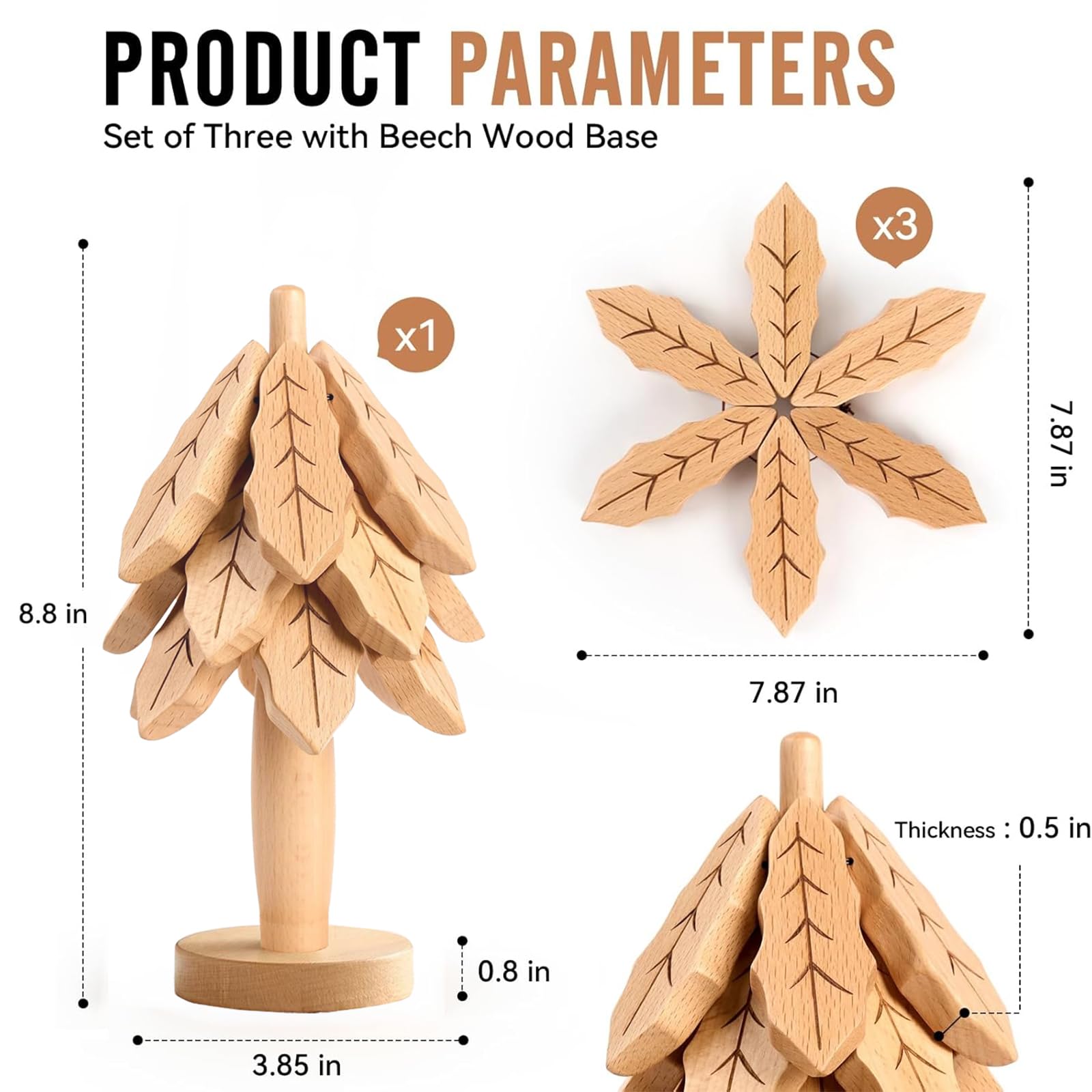 Premium Wooden Trivet Set for Hot Pots & Pans - 3-Layer Heat-Resistant Tree Design with Stand - Perfect for Dining Table, Kitchen Counter & Outdoor BBQ Protection