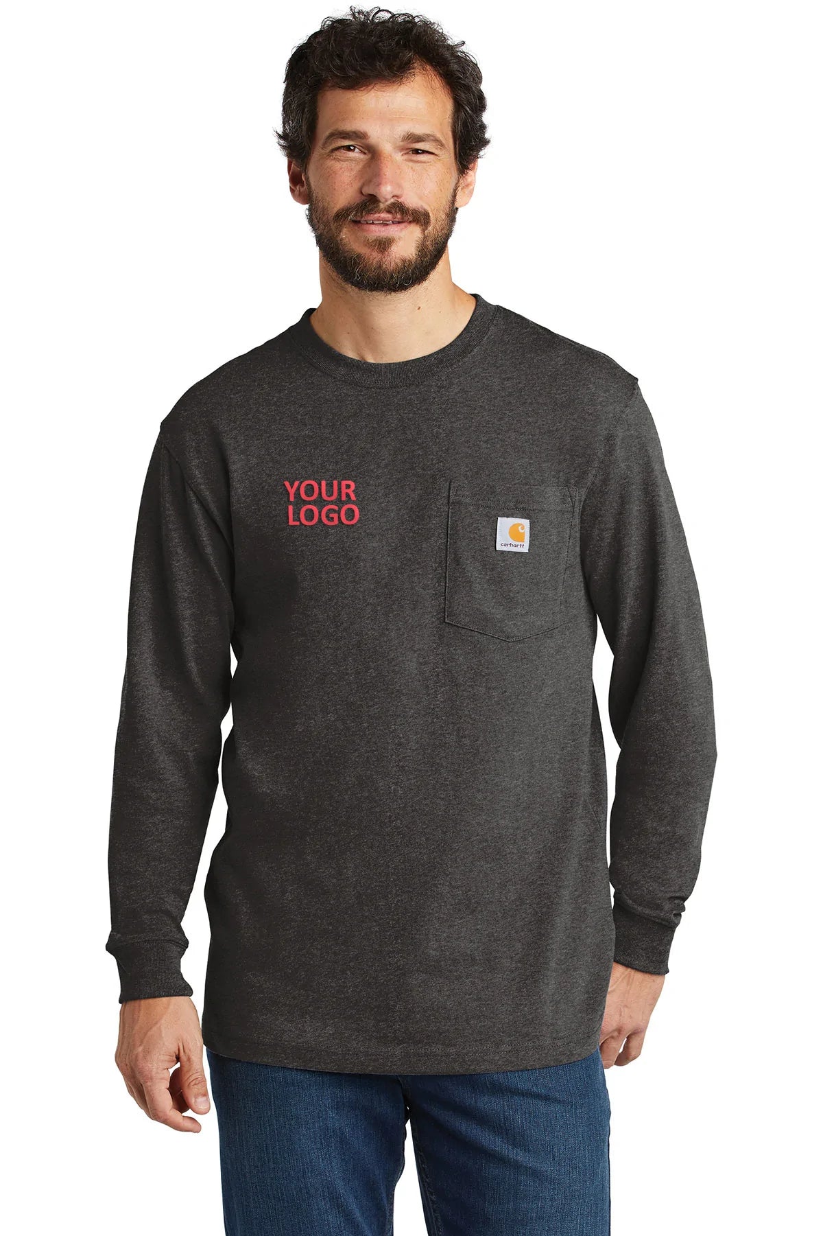 Carhartt Workwear Pocket Long Sleeve Custom T-Shirt for Men - Carbon Heather - Durable Work Shirt for Construction, Farming & Outdoor Activities