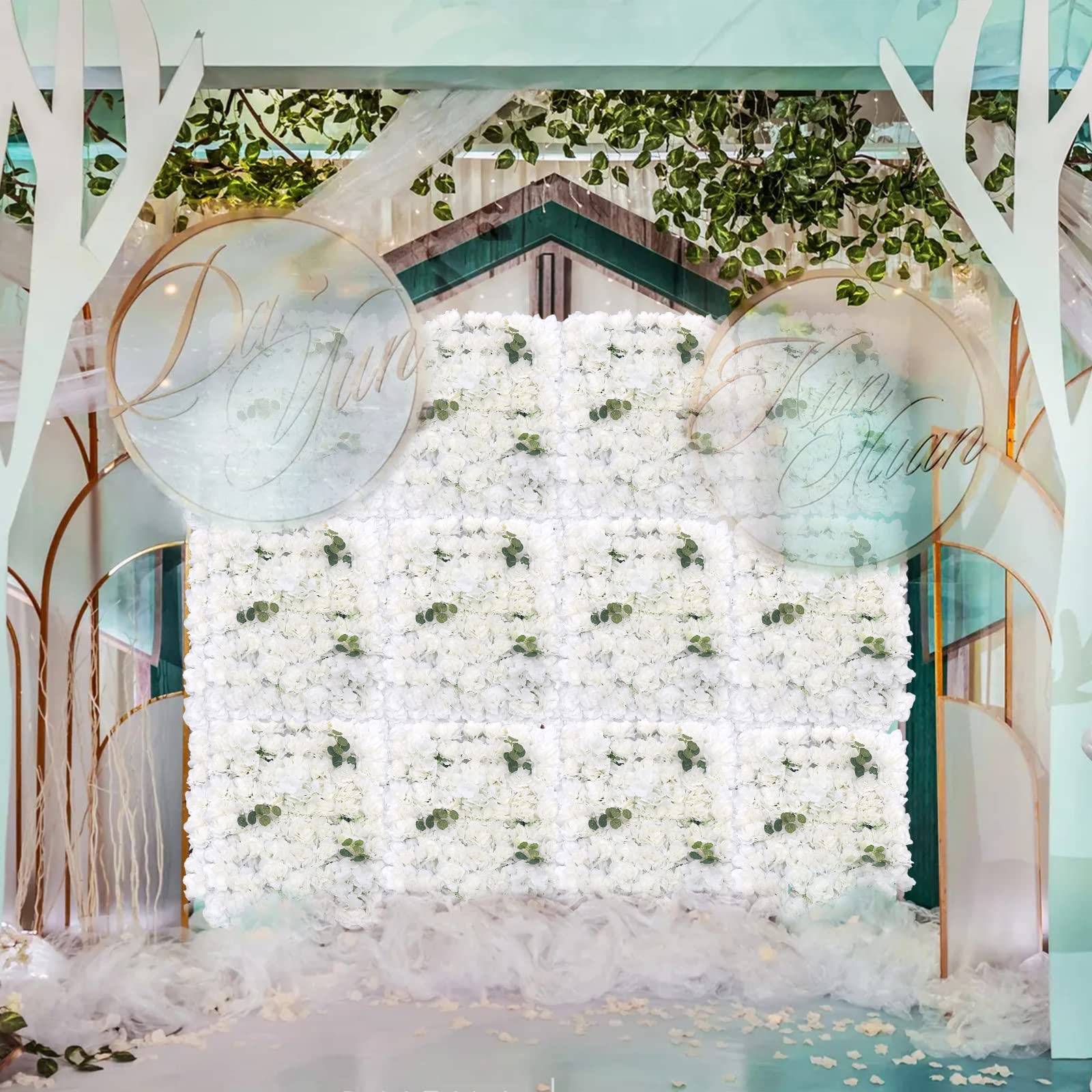 12pcs Artificial Silk Flower Wall Panel - White Rose Floral Backdrop for Wedding, Bridal Shower, Baby Shower, Party Decor, Salon & Home Decoration (23.62