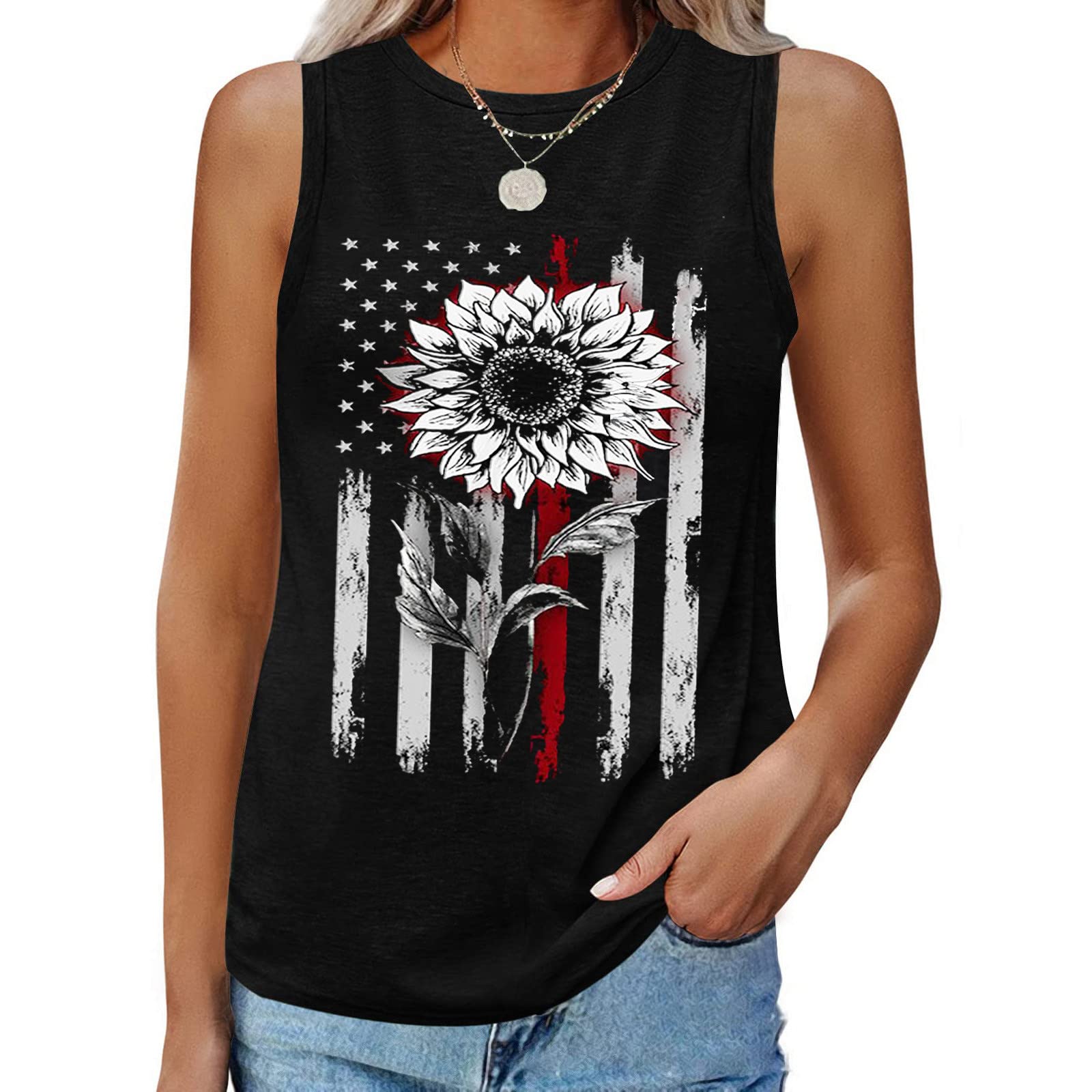 Black Crop Top Set with Sunflower & USA Flag Print - Women's Workout Tank Top, Fitness Tee, Cute T-Shirt for Gym, Running & Summer Outfits