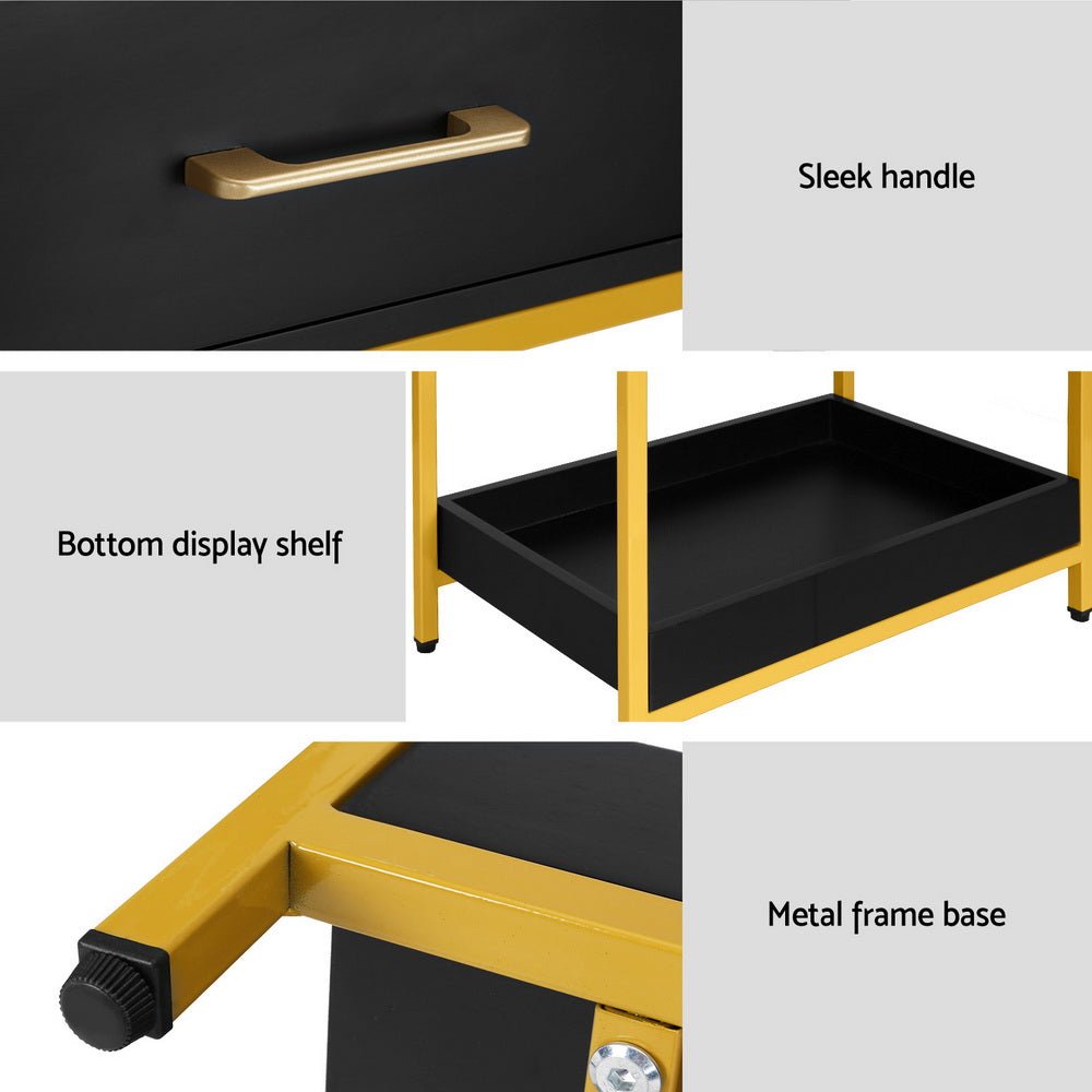 Modern Black & Gold Bedside Table with Top Drawer and Bottom Tray - Nightstand for Bedroom, Living Room, or Office Storage
