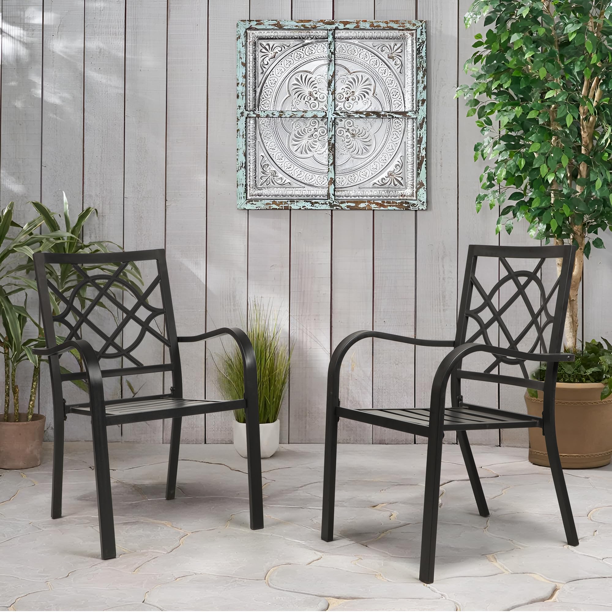 Incbruce 300lbs Capacity Patio Chairs Set of 2 - Heavy Duty Stackable Outdoor Dining Chairs with Metal Frame & Wrought Iron Black Finish - Perfect for Garden, Poolside, Backyard, Deck, and Outdoor Entertaining