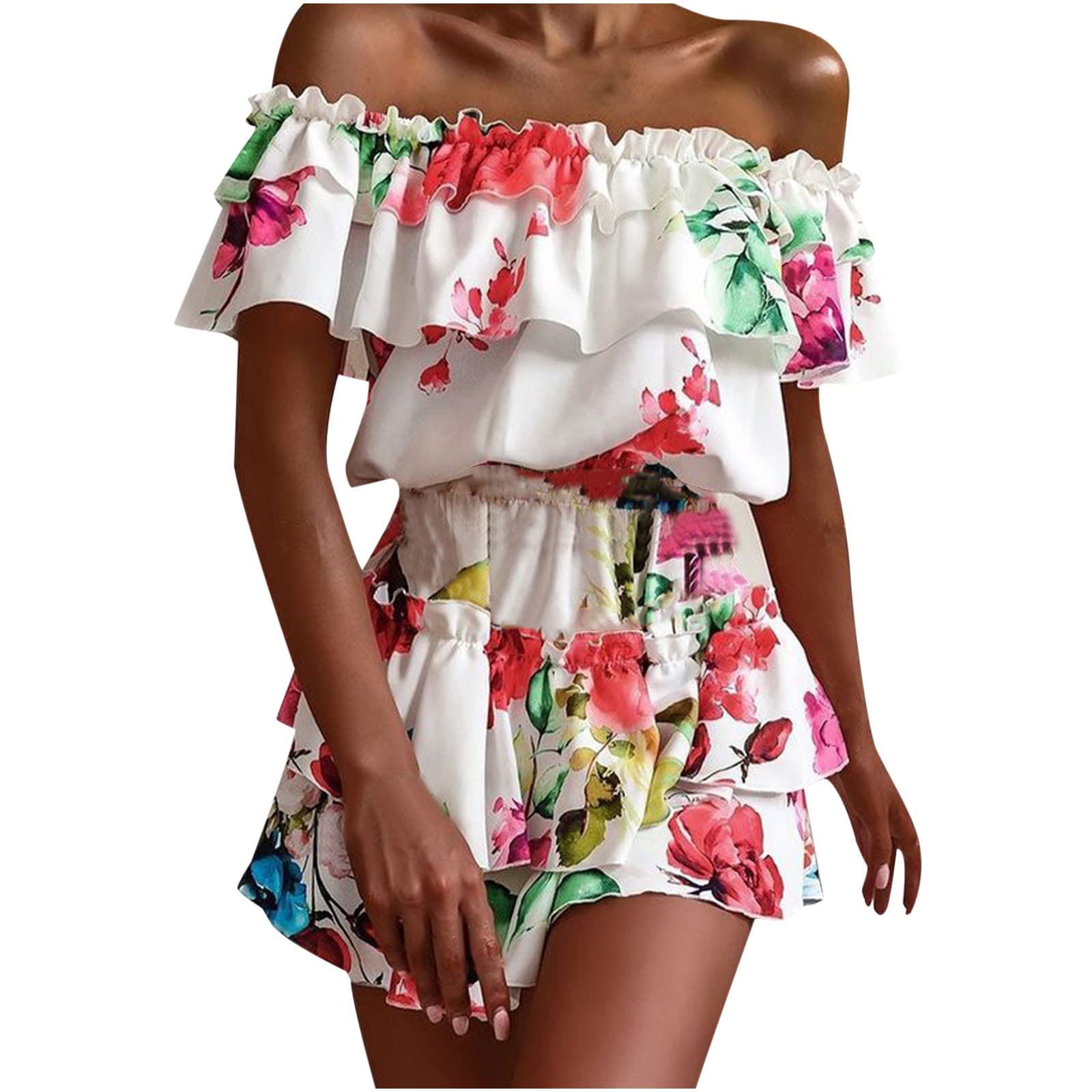 Women's Summer Mini Dress - Off Shoulder Ruffles Floral Boho A-Line Shift Short Dress for Beach Vacation & Casual Outings | Perfect for Pool Parties, Date Nights & Tropical Getaways