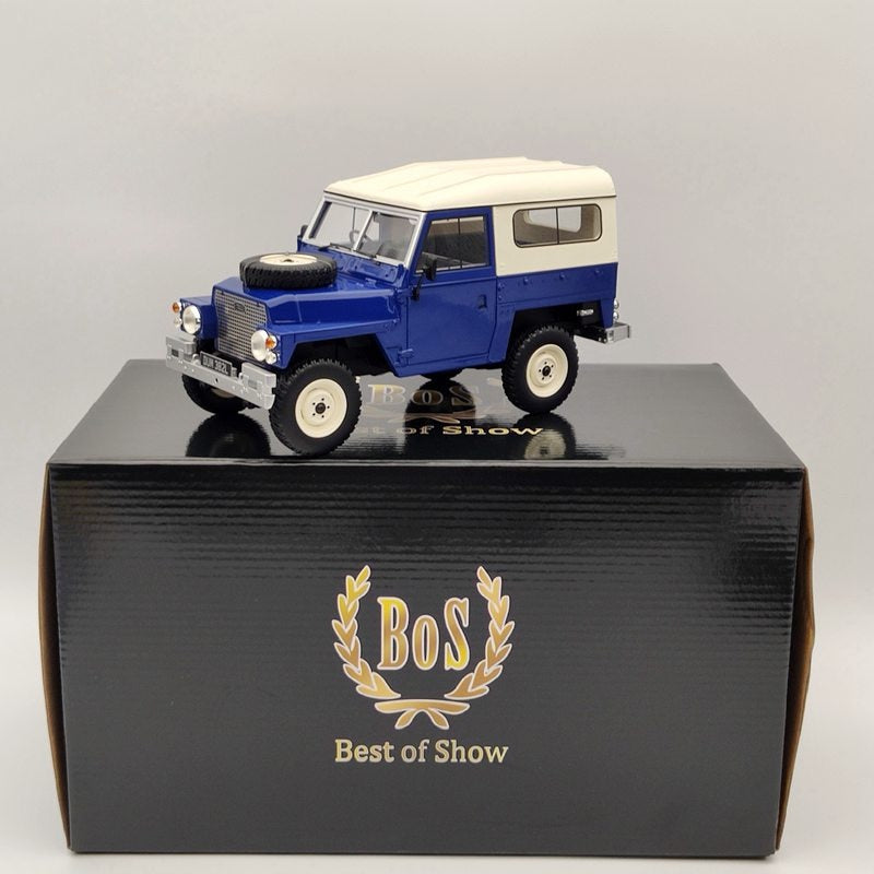BOS 1/18 Scale Land Rover Series III 1973 Blue & White Resin Model Car - Collectible Diecast Vehicle for Adults, Gift for Car Enthusiasts - Perfect for Display, Home Decor, and Toy Car Collections